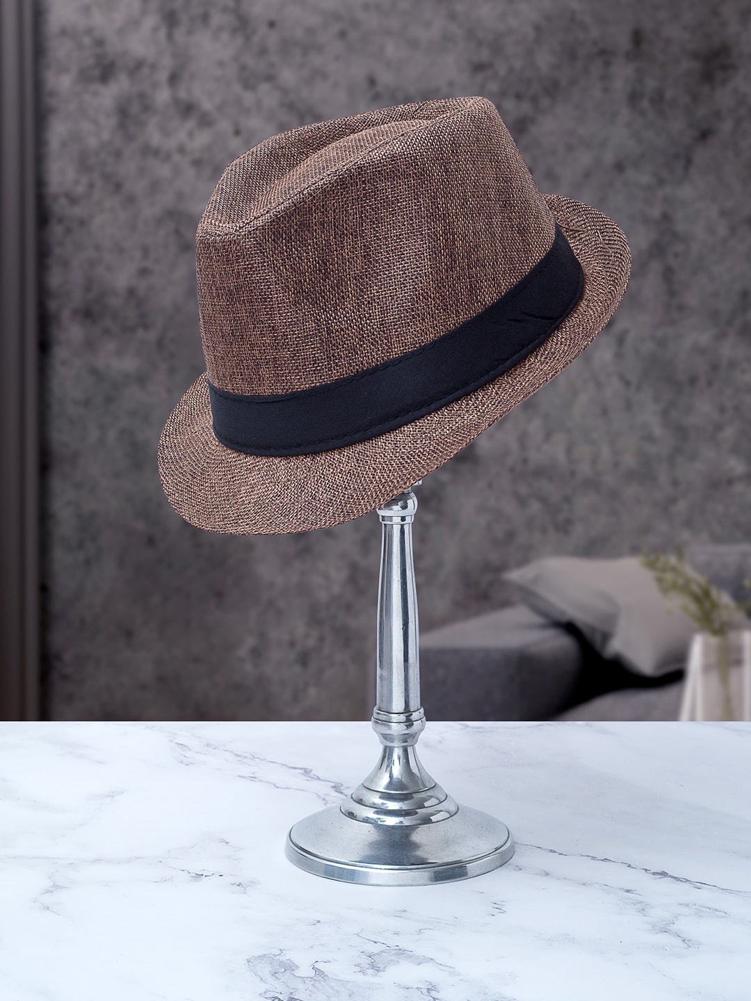 

Golden Peacock Men Brown Striped Fedora Hat