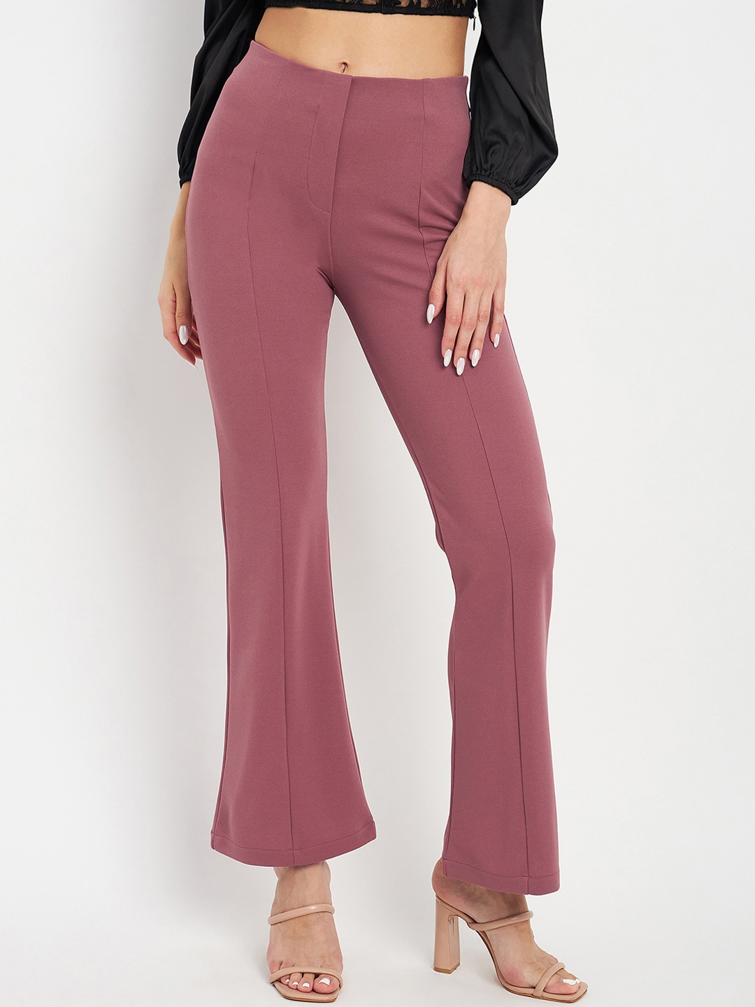 

DELAN Women Smart Tapered Fit High-Rise Easy Wash Bootcut Trousers, Peach