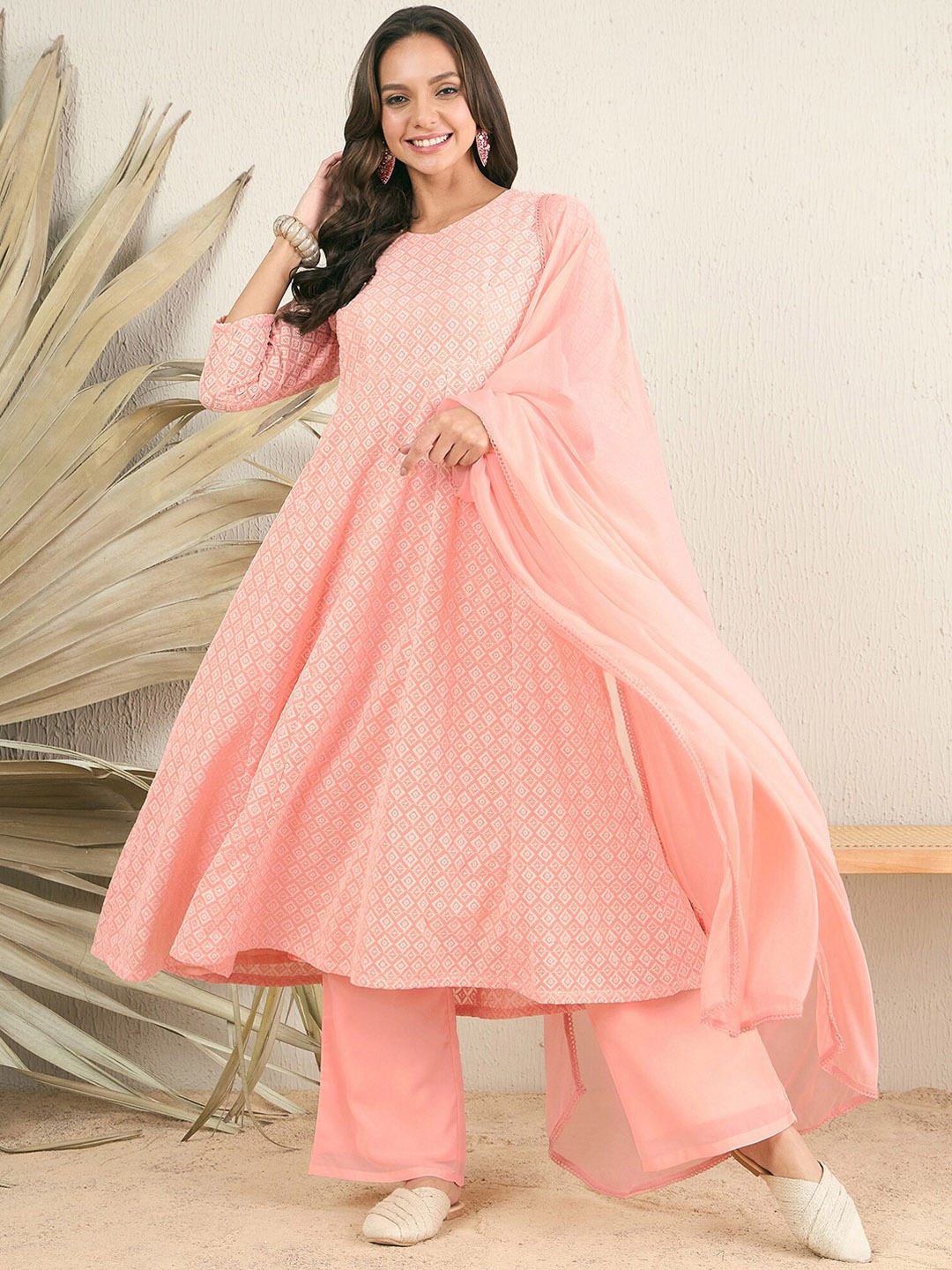 

Inddus Sequinned Chikankari Anarkali Kurta with Palazzo & Dupatta, Peach