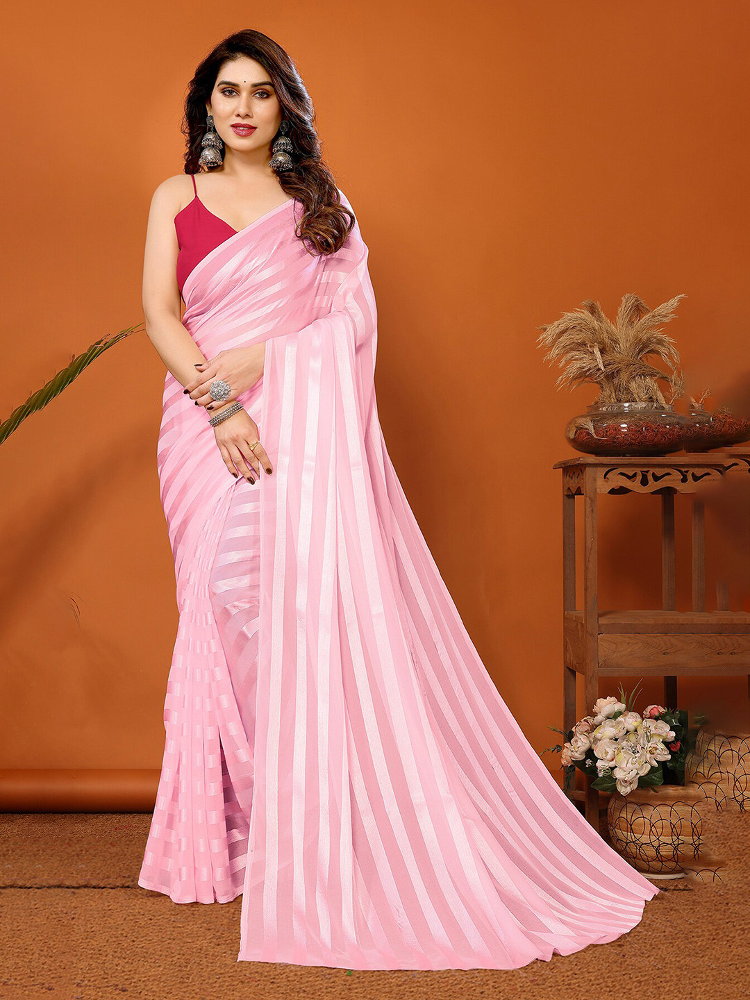 

ANAND SAREES Striped Satin Saree, Pink