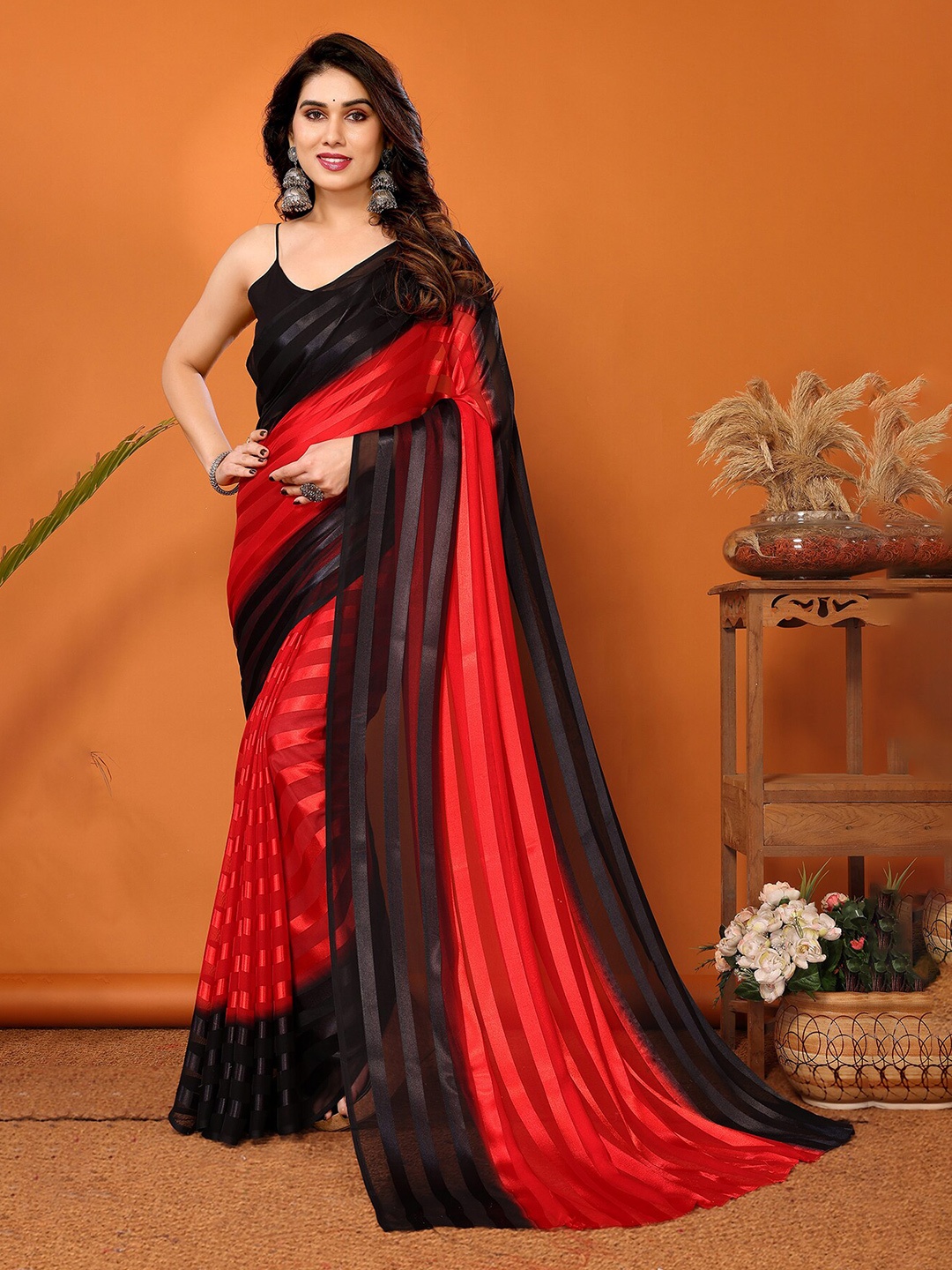 

Moda Rapido Striped Satin Saree, Black