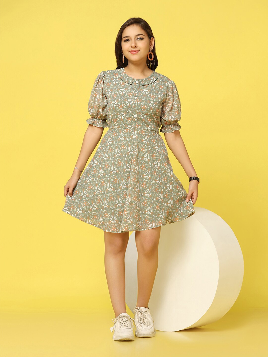 

FASHION DREAM Girls Floral Printed Puffed Sleeves Chiffon Fit & Flare Dress, Green