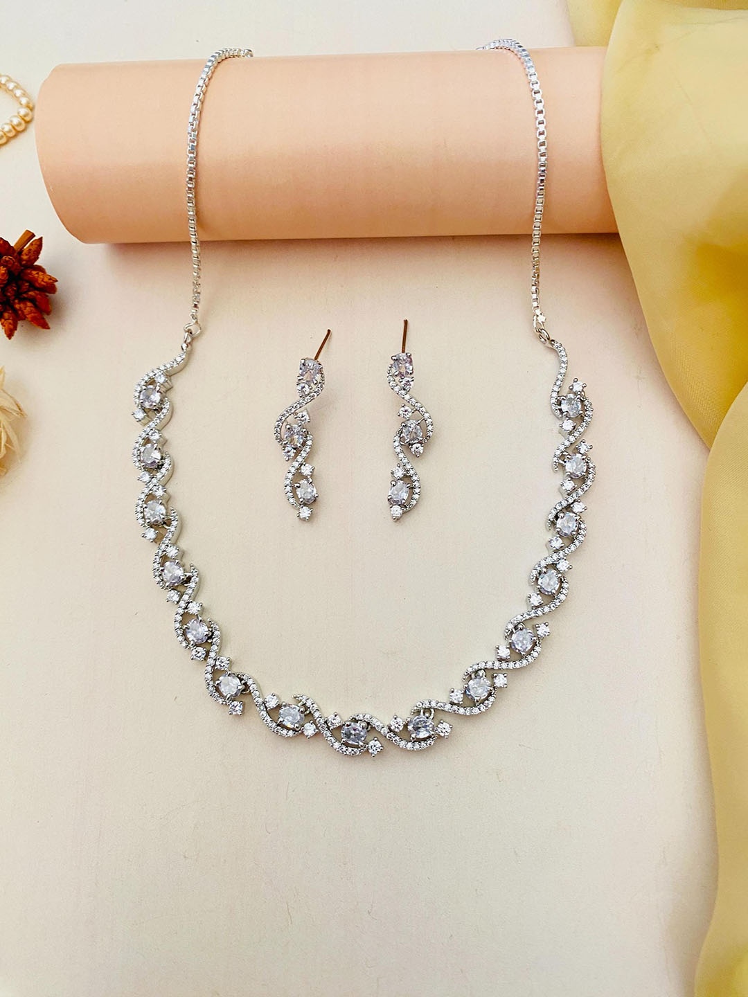 

ABDESIGNS Silver-Plated AD Studded Jewellery Set