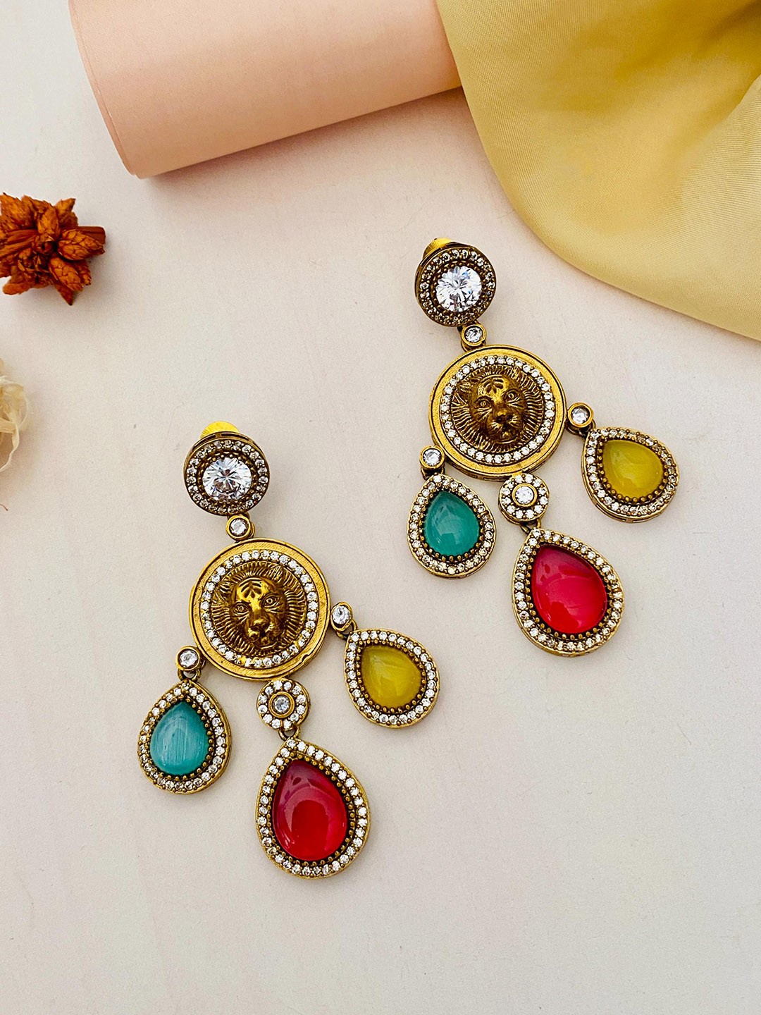 

ABDESIGNS Gold-Plated Stone-Studded & Beaded Classic Drop Earrings