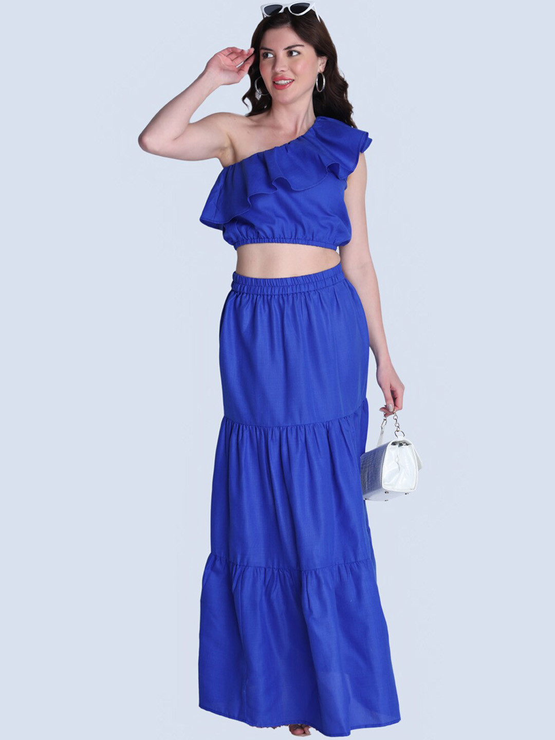 

Orchid Blues Pure Cotton One Shoulder Crop Top With Maxi Tiered Skirt, Blue