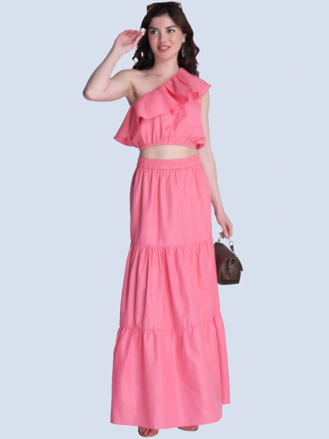 

Orchid Blues Pure Cotton One Shoulder Crop Top With Maxi Tiered Skirt, Pink