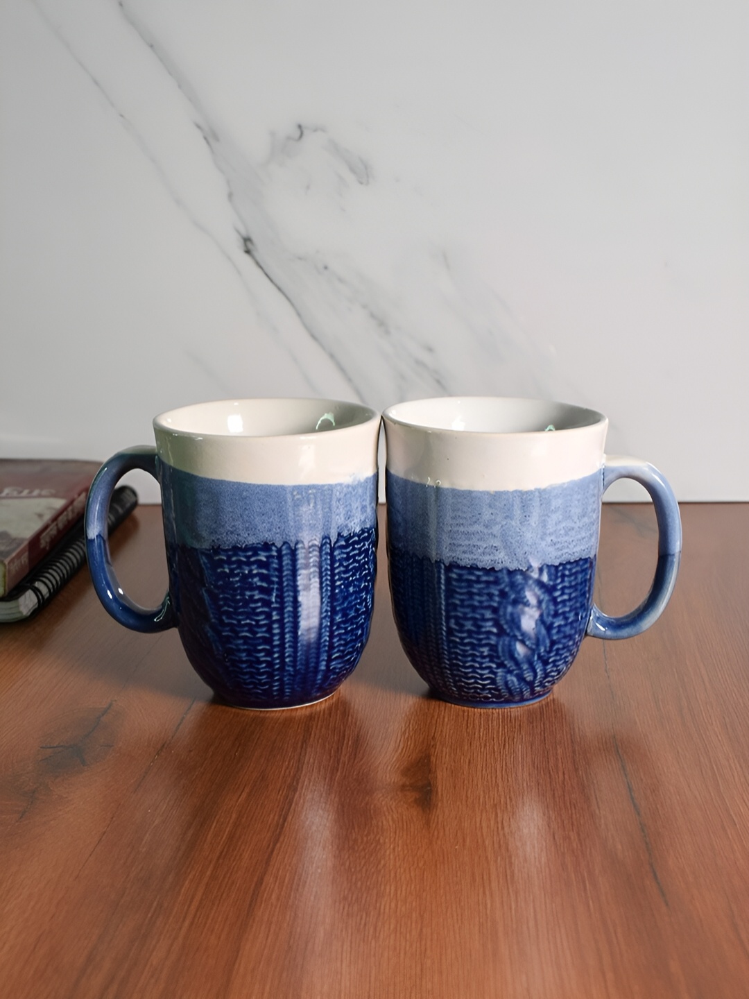 

The Decor Lane Blue & White 2 Pieces Textured Ceramic Glossy Mugs 320 ml