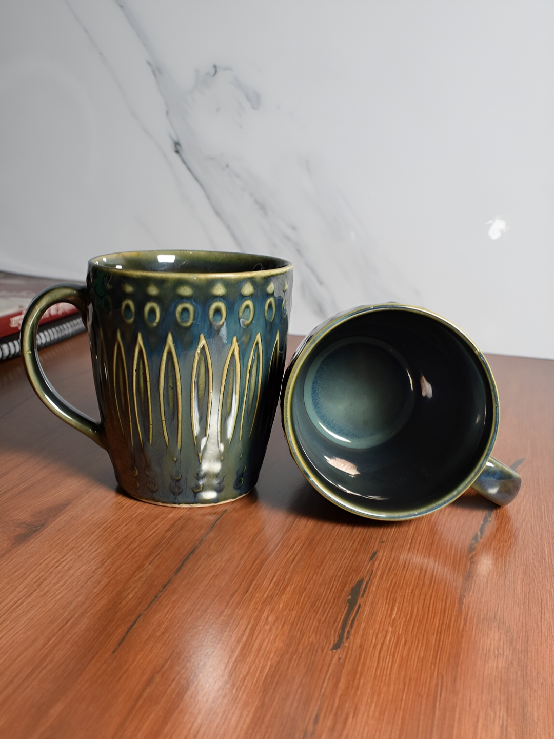 

The Decor Lane Green & Yellow 2Pcs Textured Ceramic Glossy Mugs