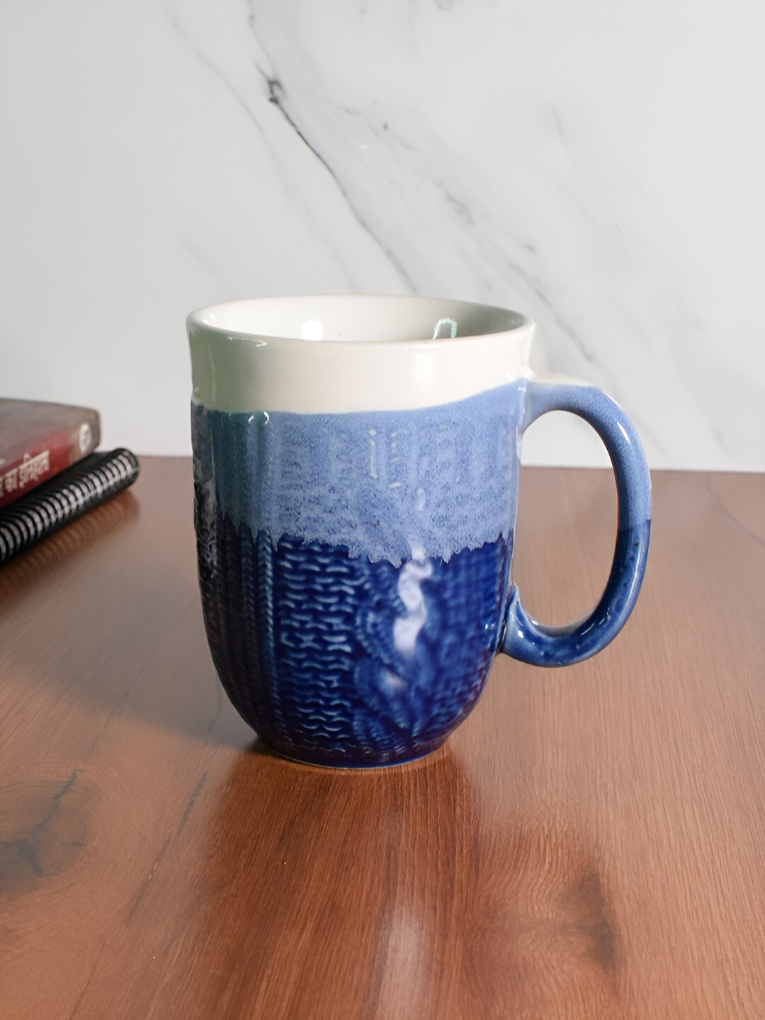 The Decor Lane Blue & White Textured Ceramic Glossy Mug