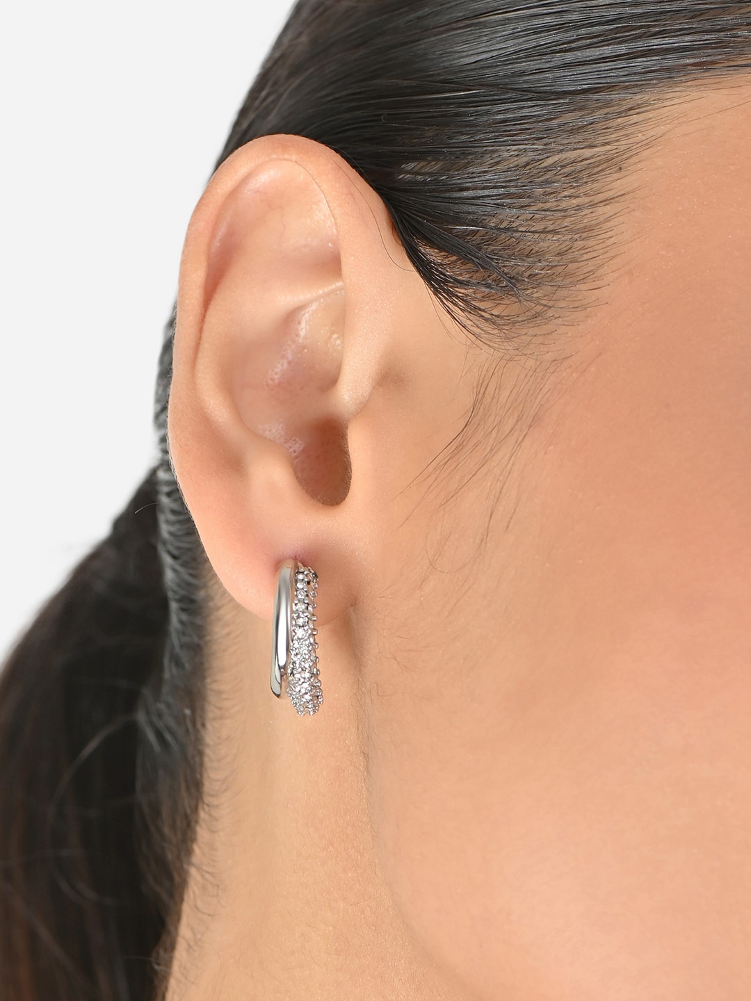 

ToniQ Silver-Plated Cubic Zirconia Studded Circular Half Hoop Earrings