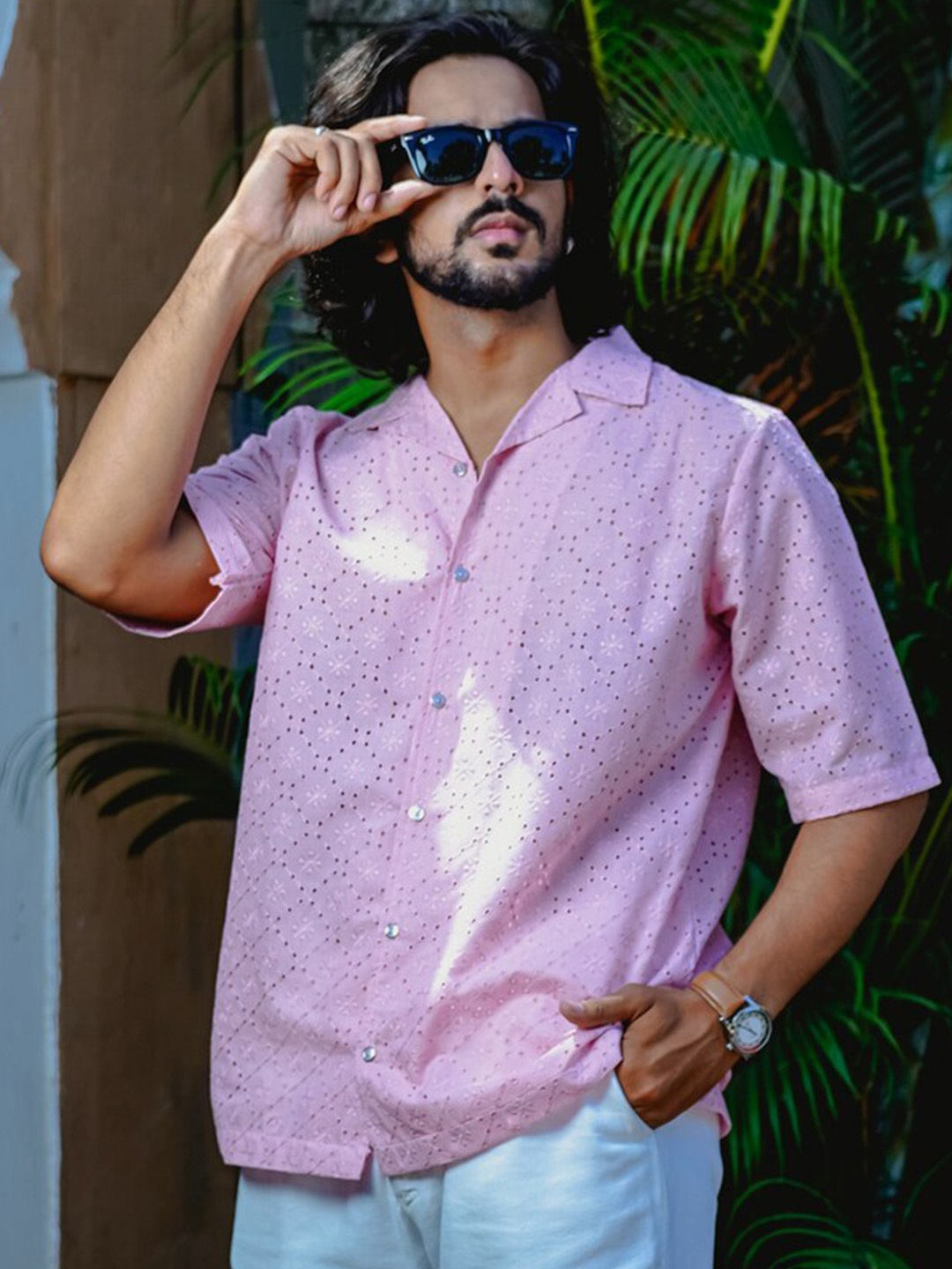 

Be Desi extured Cuban Collar Cotton Schiffli Casual Shirt, Pink