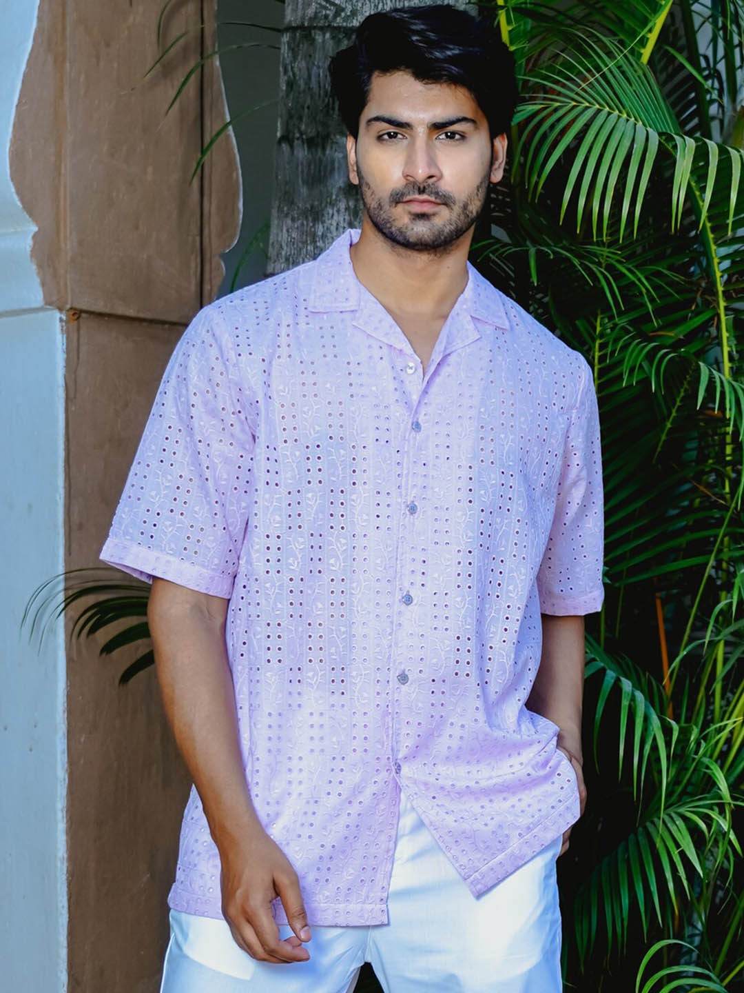 

Be Desi Textured Cuban Collar Cotton Schiffli Casual Shirt, Purple