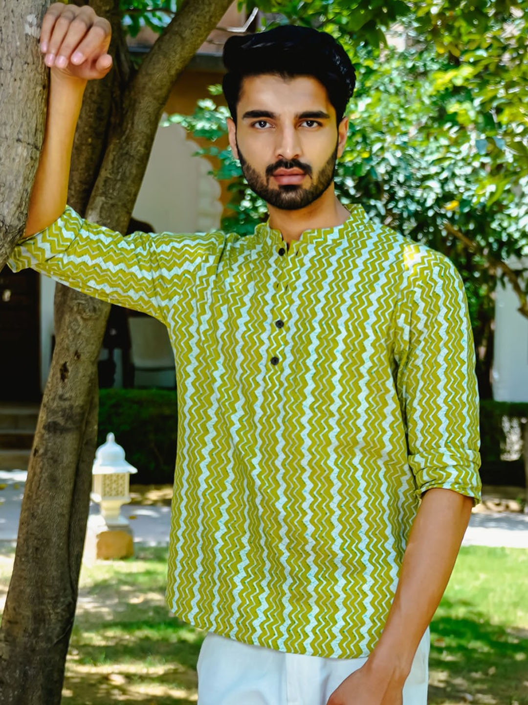 

Be Desi Striped Mandarin Collar Pure Cotton Straight Kurta, Lime green