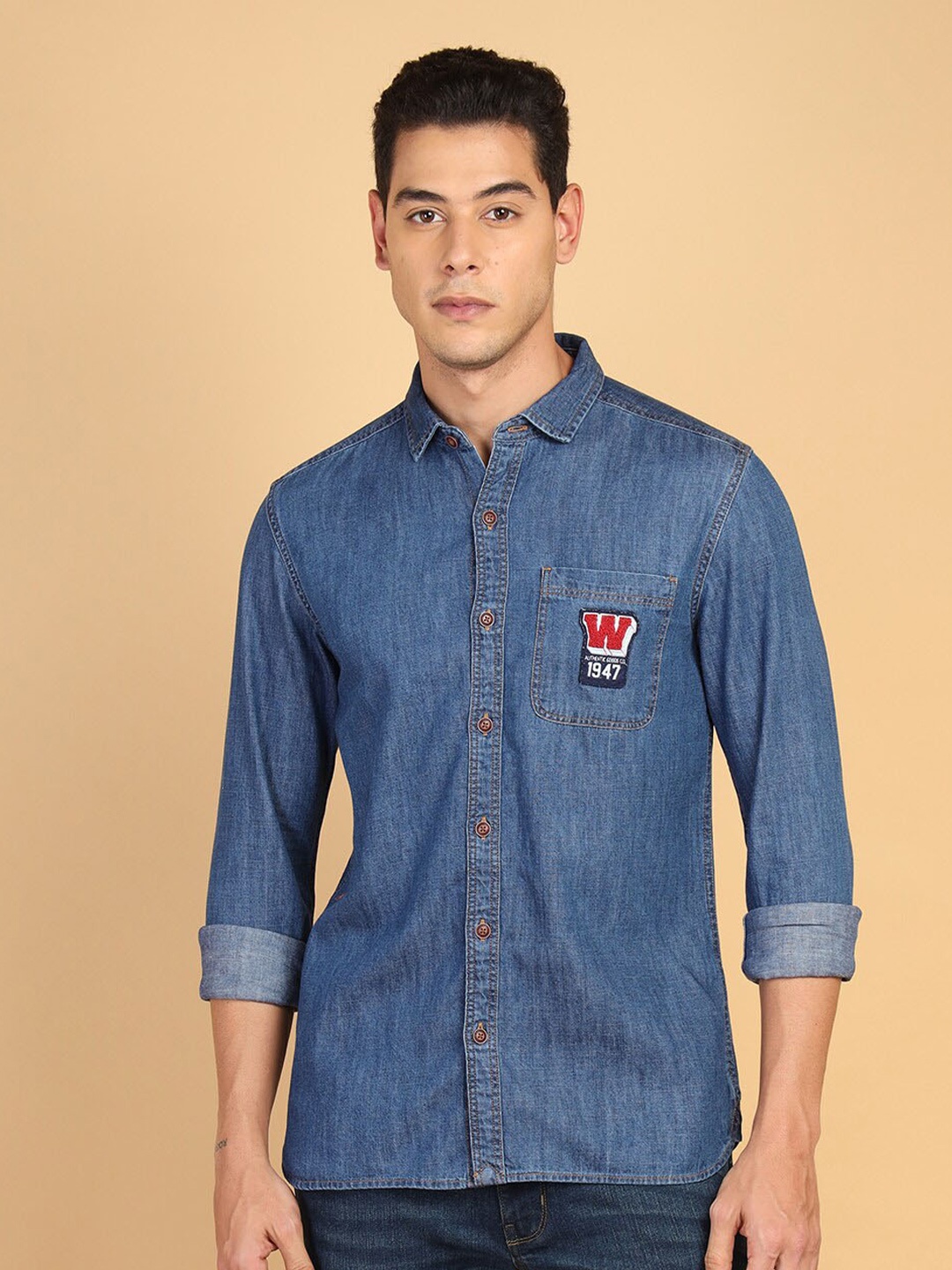 

Wrangler Spread Collar Pure Cotton Denim Casual Shirt, Navy blue