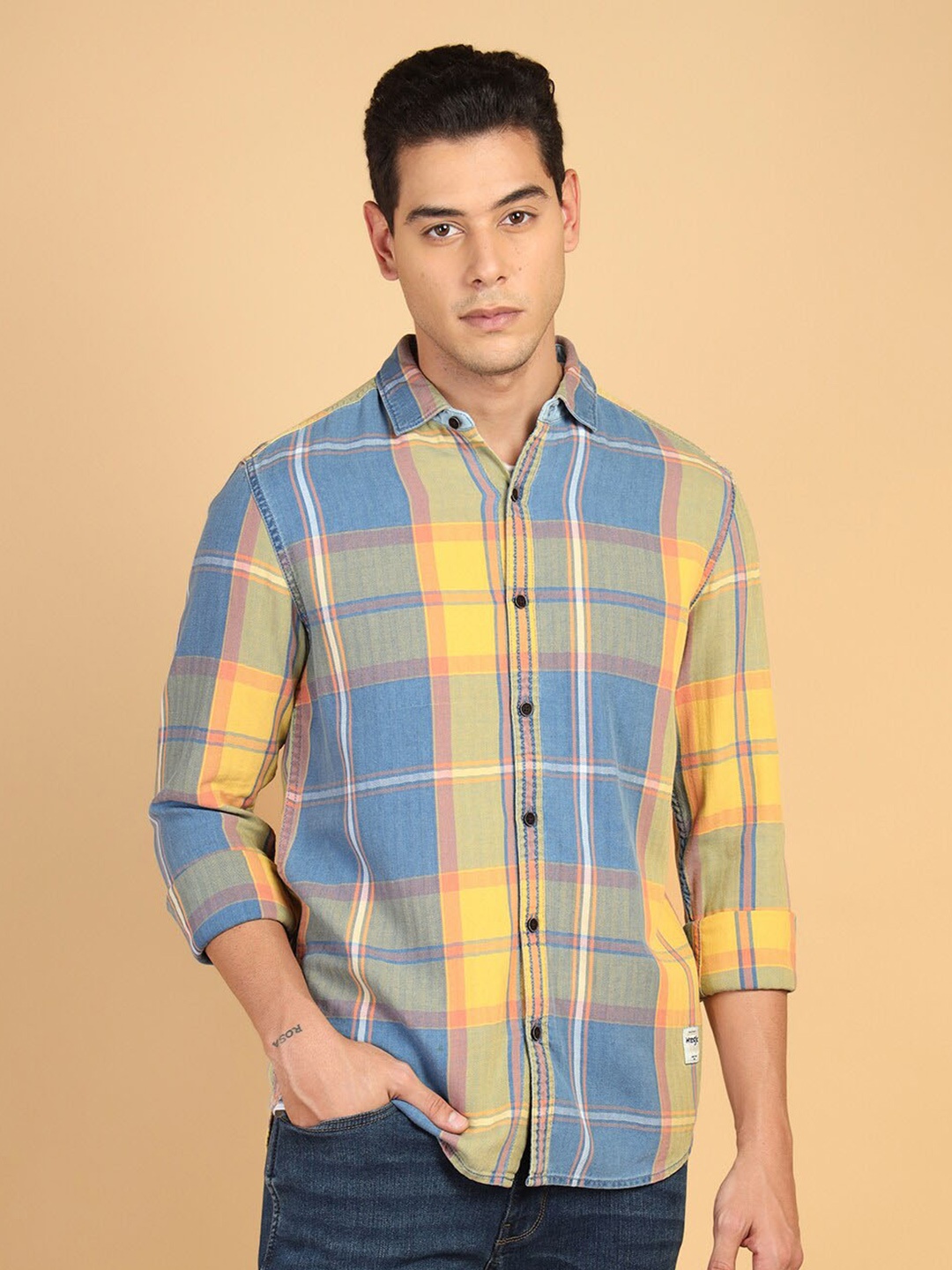 

Wrangler Windowpane Checked Pure Cotton Casual Shirt, Blue