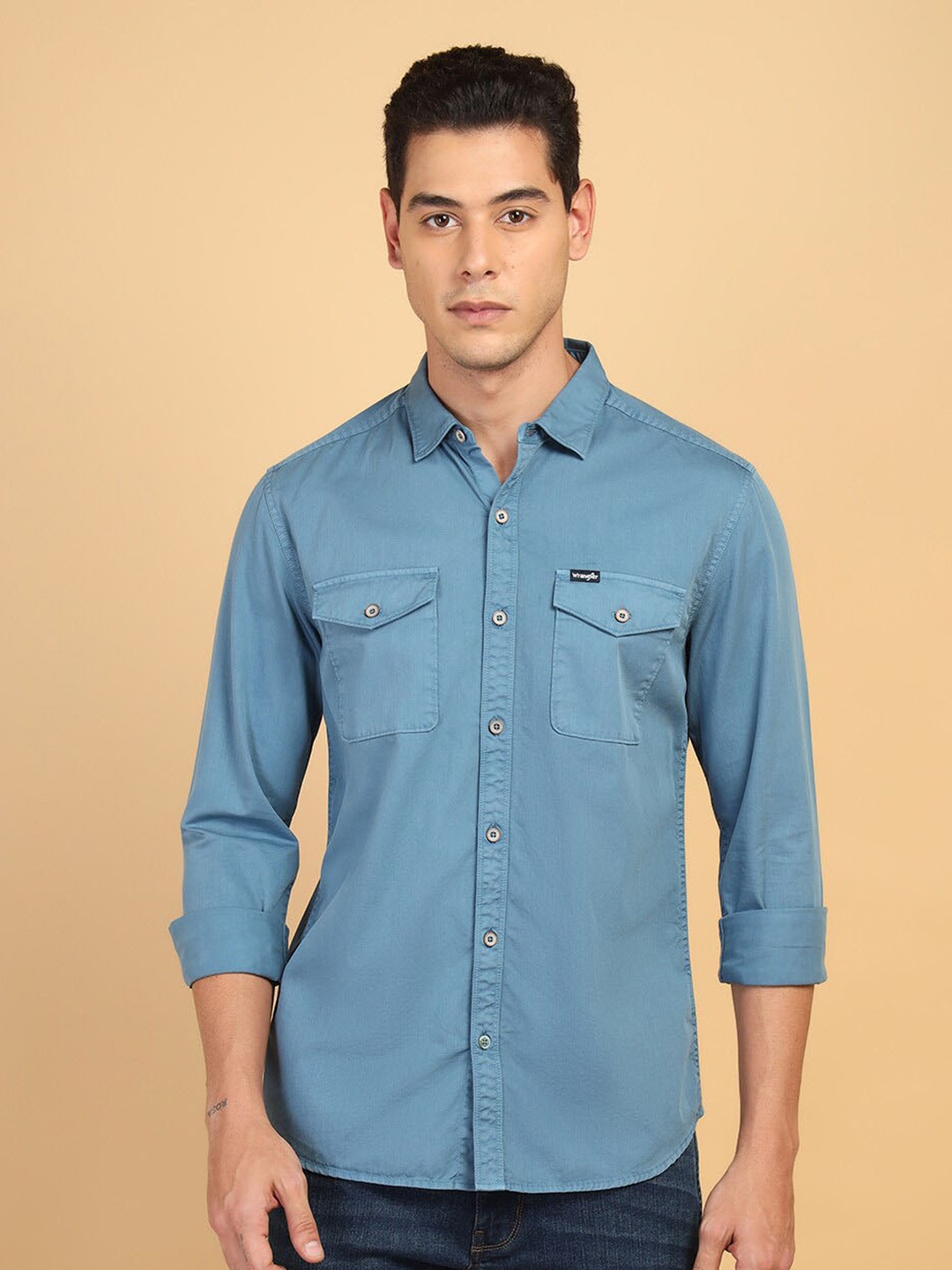 

Wrangler Spread Collar Cotton Curved Casual Shirt, Blue