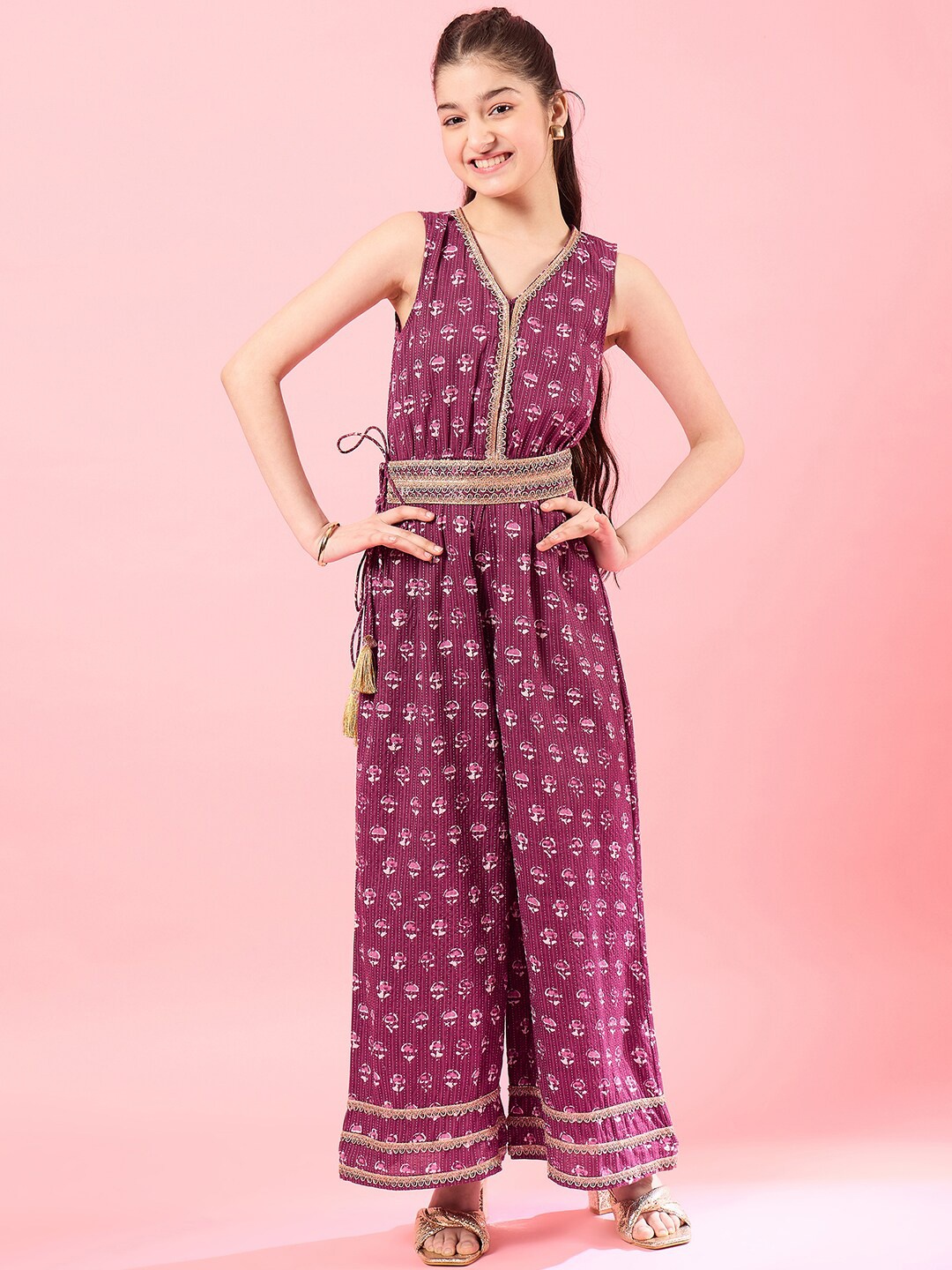 

pspeaches Girls Printed Basic Jumpsuit with Embellished, Maroon