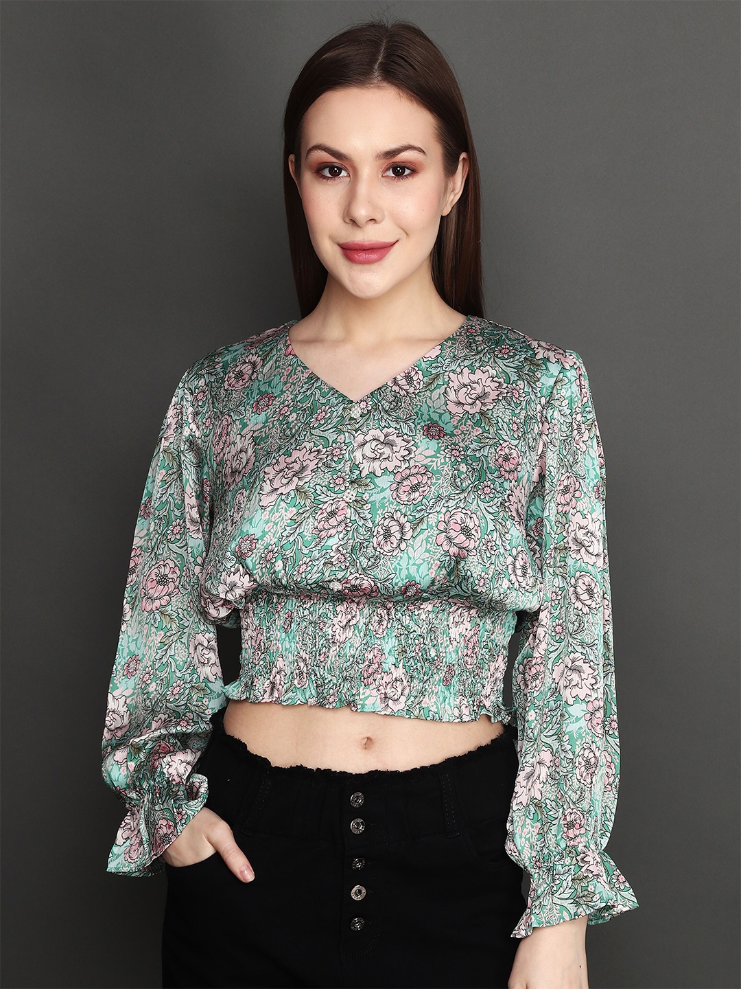

Albion Floral Print Bell Sleeve Blouson Crop Top, Green