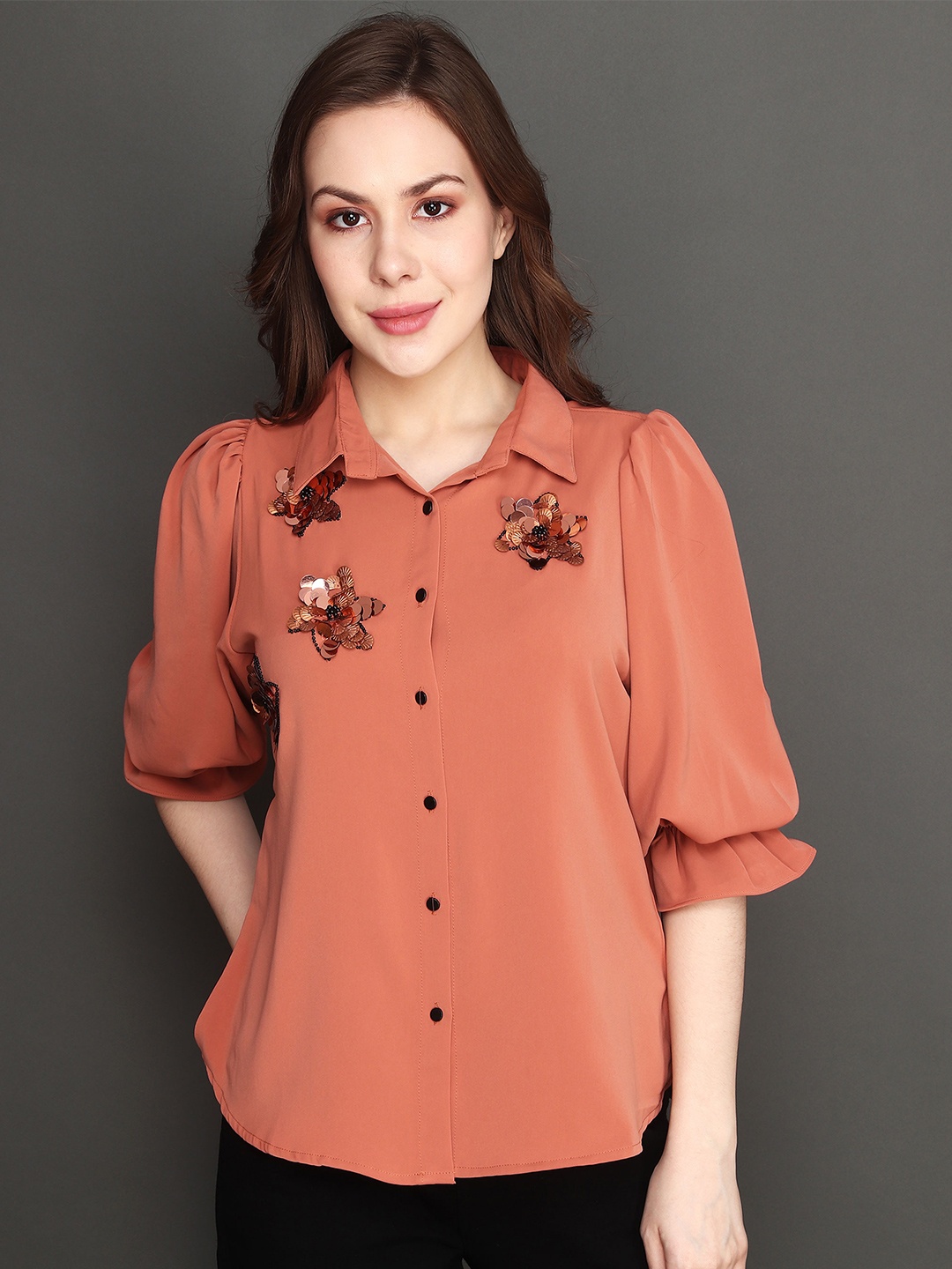

Albion Steele Bell Sleeves Sequined Shirt Style Top, Orange