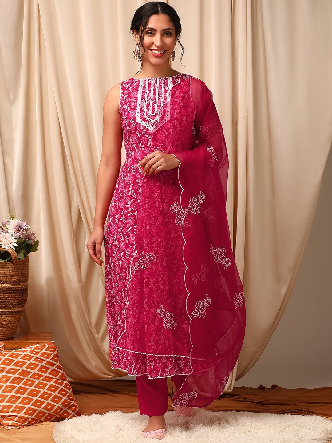 

Inddus Women Floral Printed Layered Thread Work Kurta with Trousers & With Dupatta, Pink