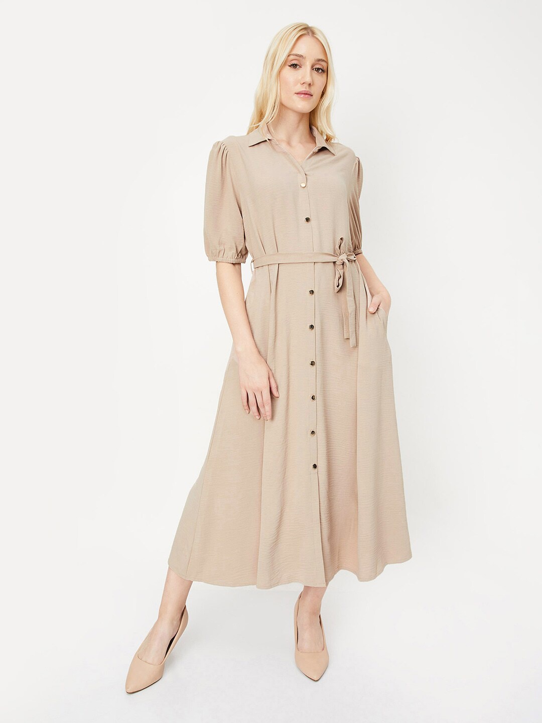 

max Puff Sleeve Shirt Style Midi Dress, Beige