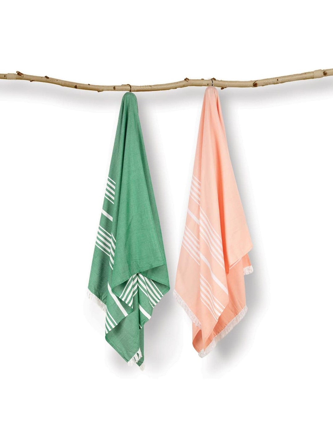 

MUSH Peach Coloured & Green 2 Pieces Striped Bamboo 250 GSM Bath Towels