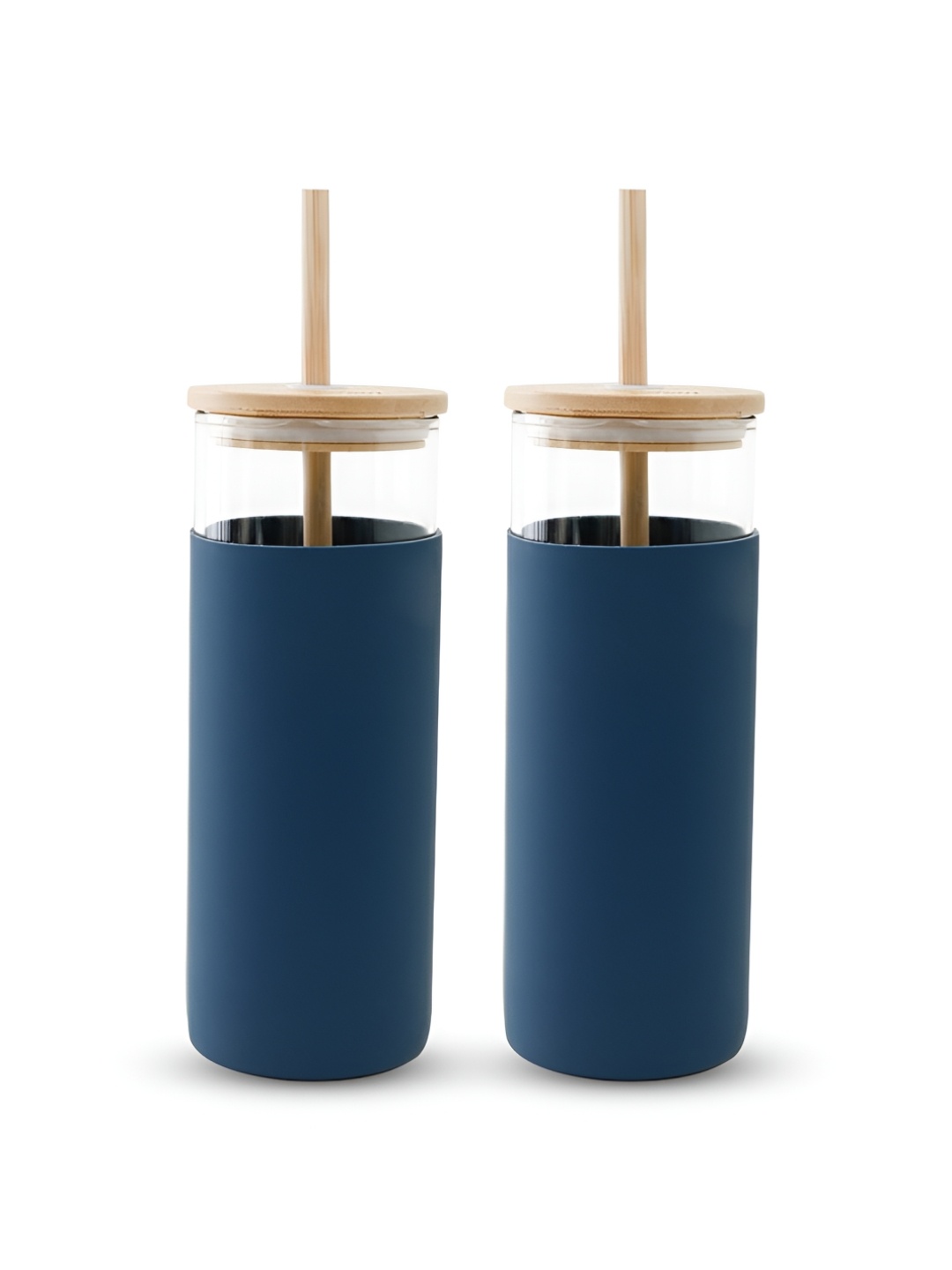 

The Better Home Navy Blue 2 Pieces Glass Tumbler With Lid & Straw 450 ml Each