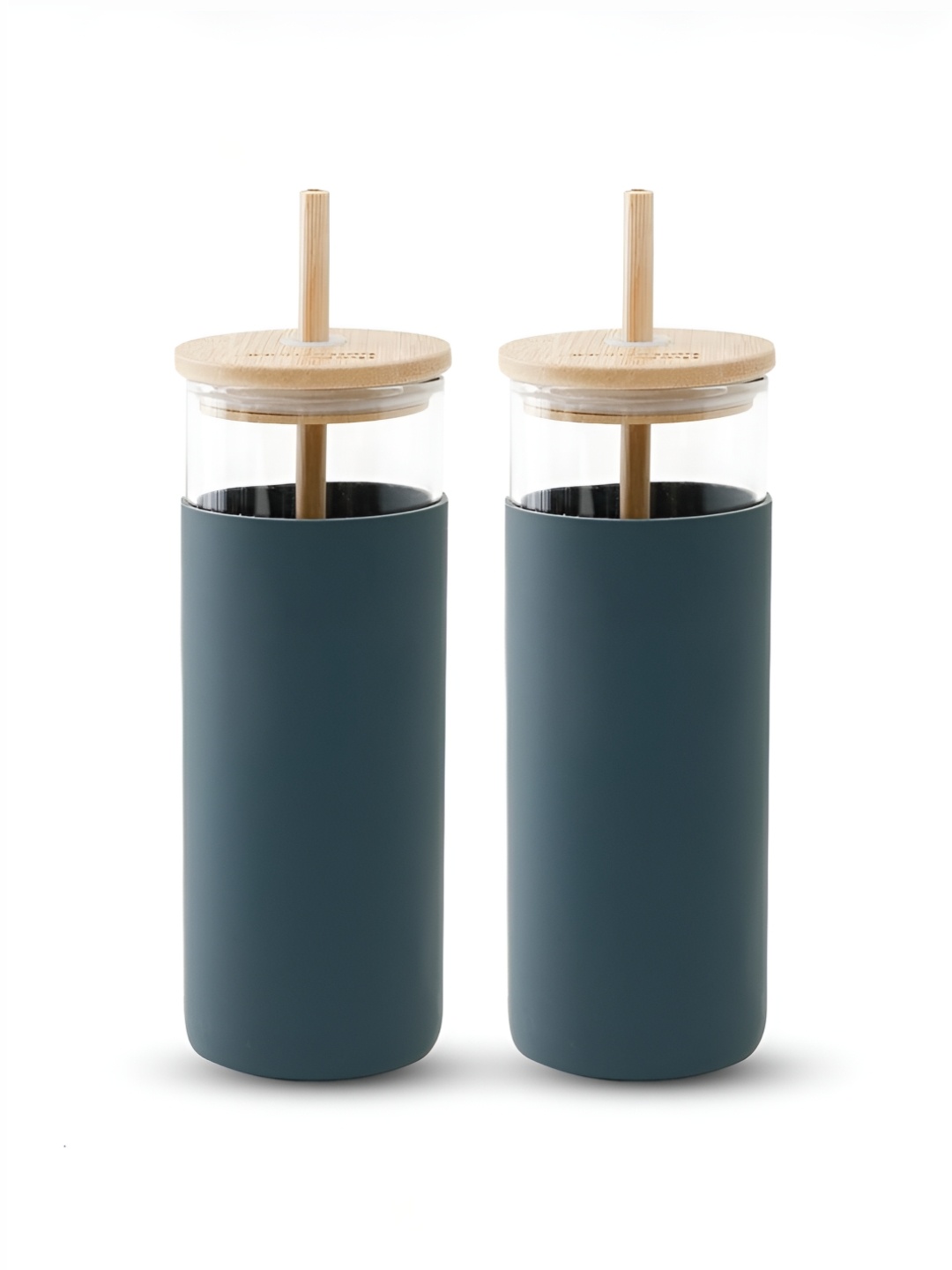 The Better Home Grey 2 Pieces Glass Tumbler With Lid & Straw 450 ml Each