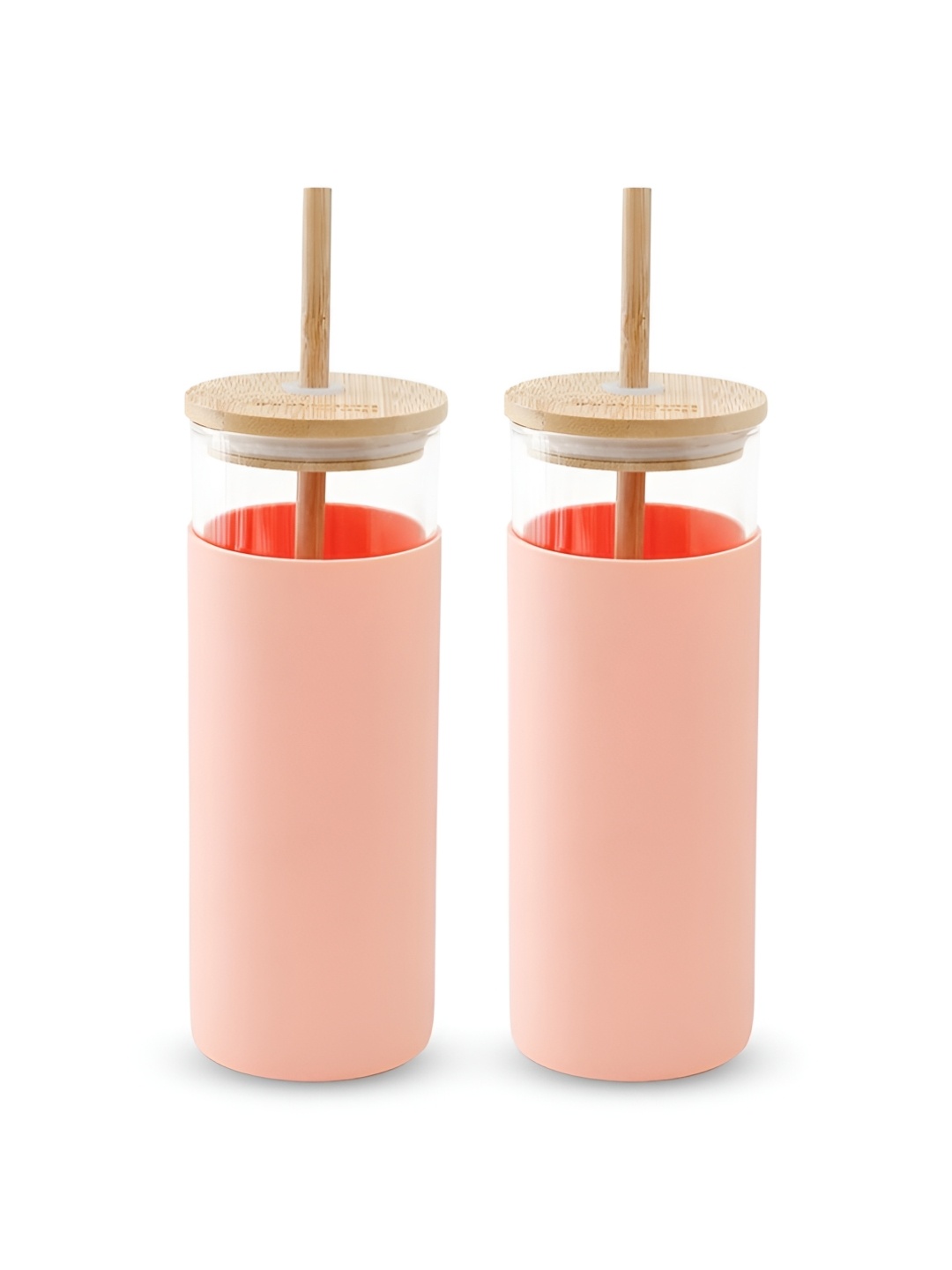 

The Better Home Peach 2 Pieces Glass Tumbler With Lid & Straw 450 ml Each