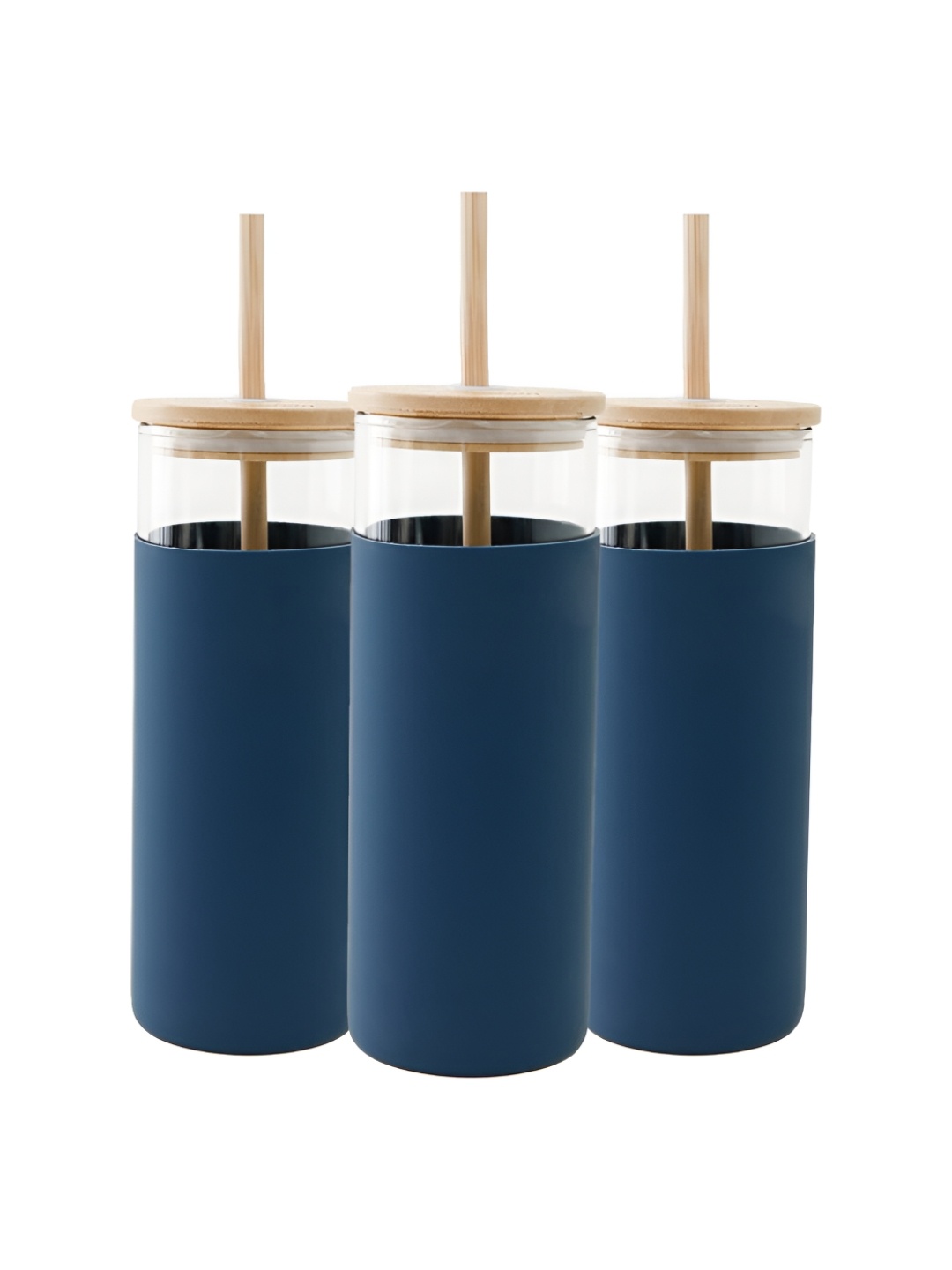 

The Better Home Blue 3 Pieces Glass Tumbler With Lid & Straw 450 ml Each