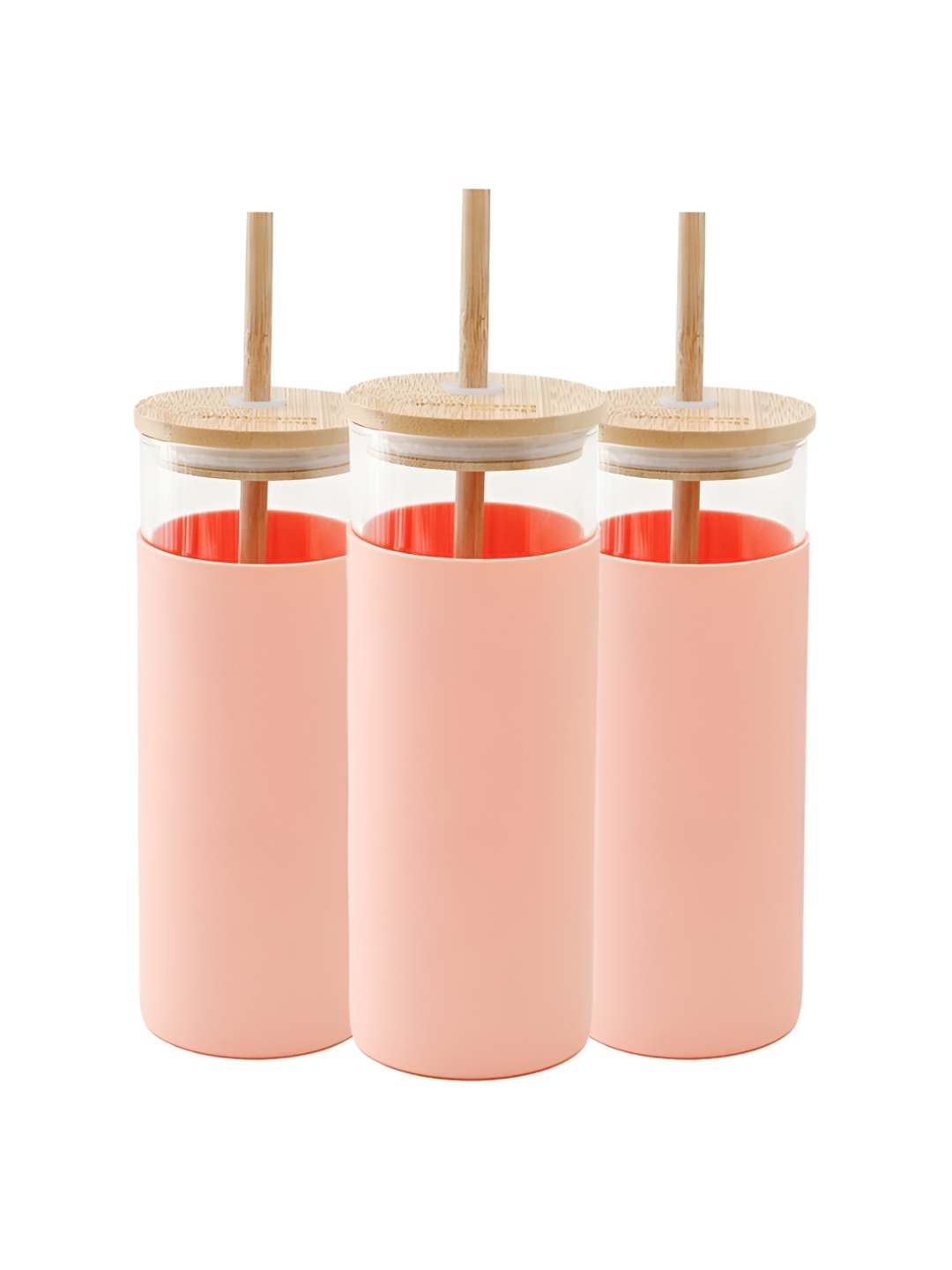 

The Better Home Peach 3 Pieces Glass Tumbler With Lid & Straw 450 ml Each