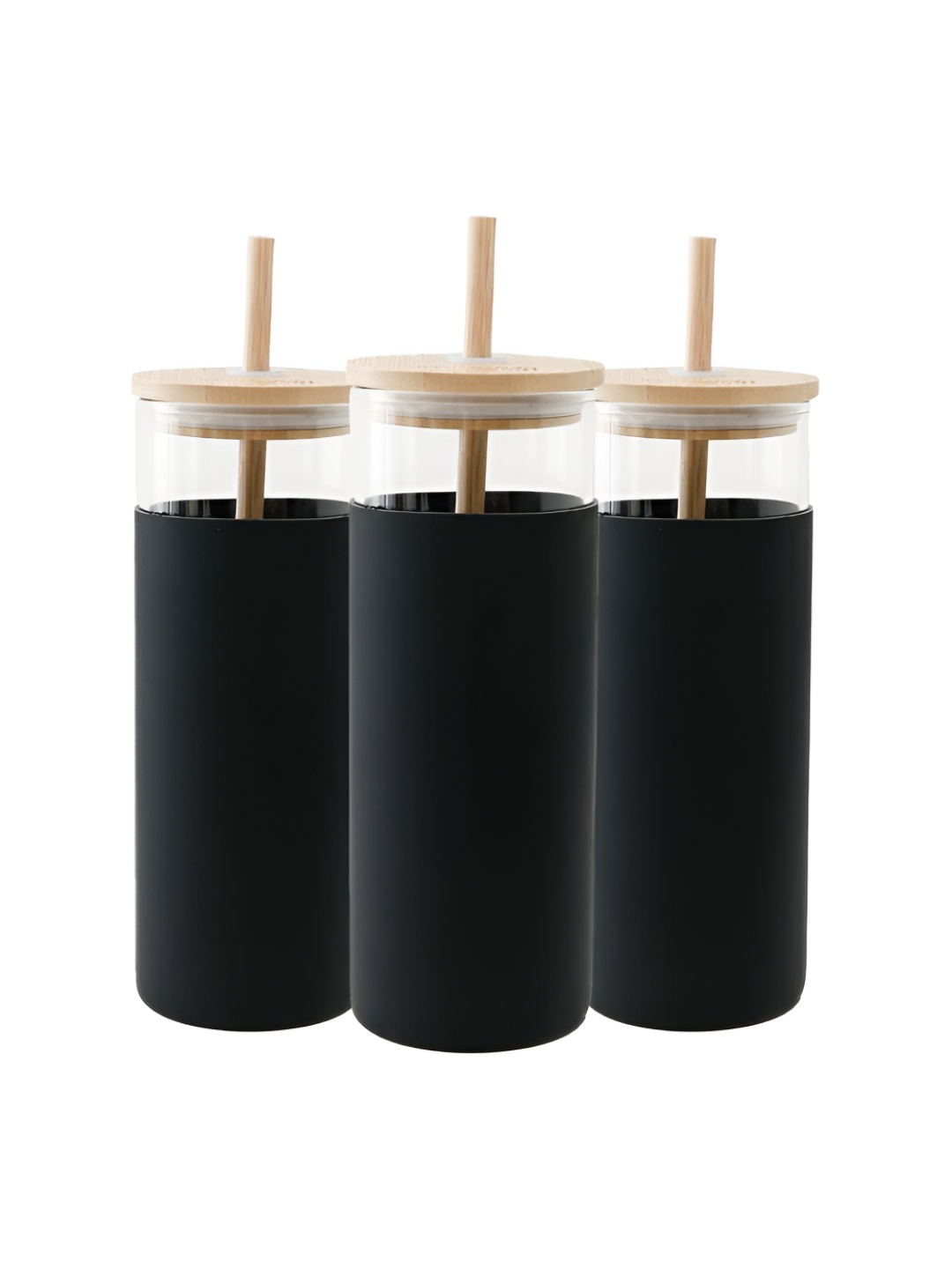 

The Better Home Black 3 Pieces Glass Tumbler With Lid & Straw 450 ml Each