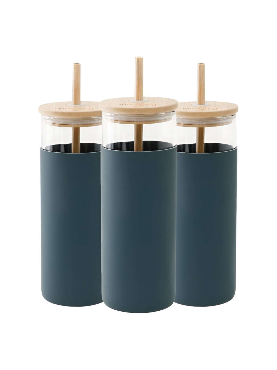

The Better Home Grey 3 Pieces Glass Tumbler With Lid & Straw 450 ml Each