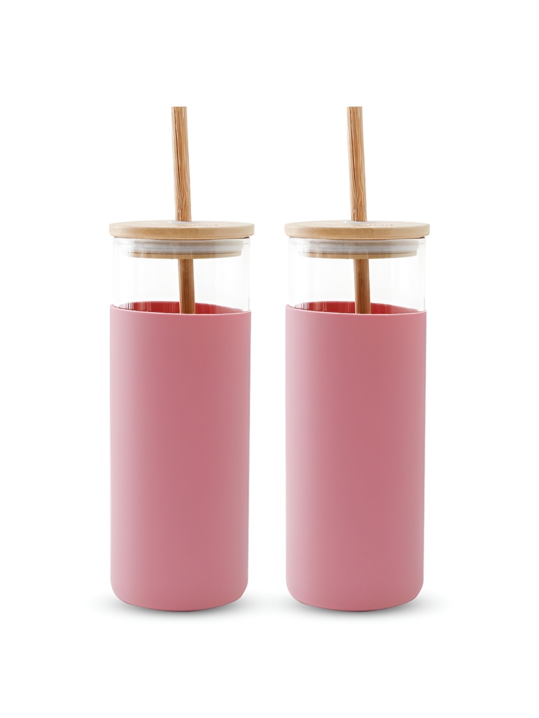 

The Better Home Pink 2 Pieces Glass Tumbler With Lid & Straw 450 ml Each