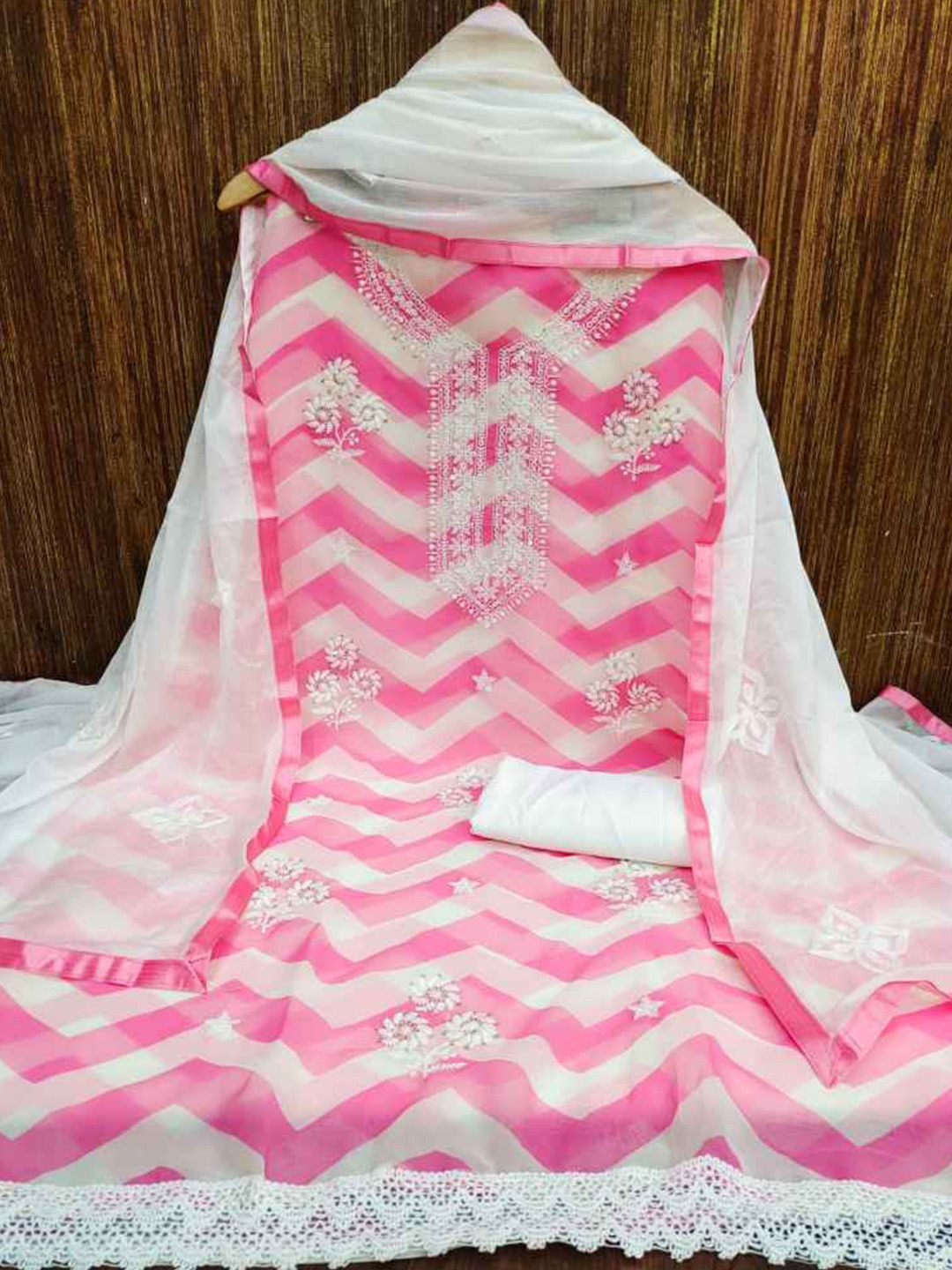 

faxofab Silk Georgette Unstitched Dress Material, Pink
