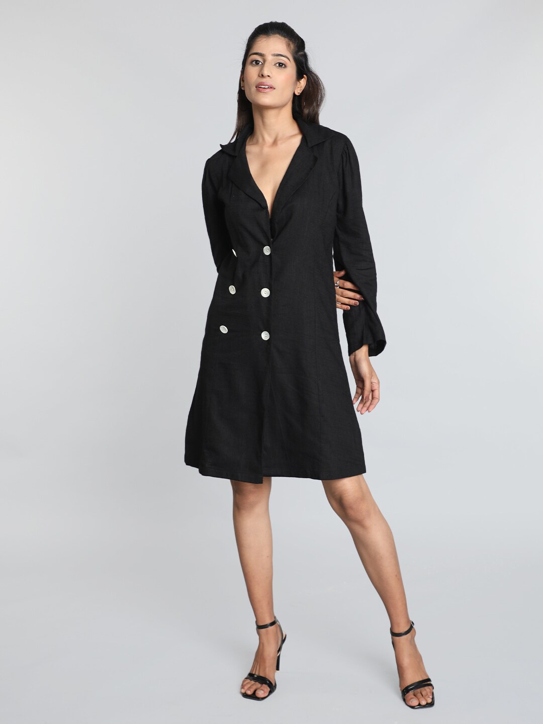 

Pomegal V-Neck Shirt Dress, Black