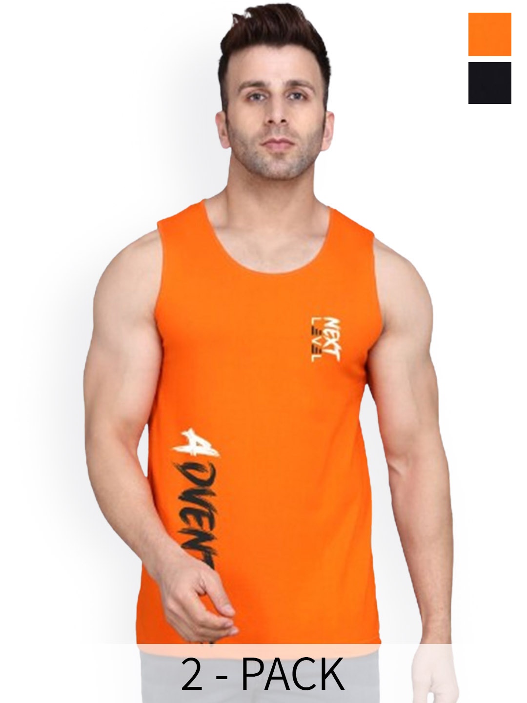 

SLOWLORIS Pack Of 2 Rich Sleeveless Gym Innerwear Vests SL26 (BLACK KEEP) (ORANGE ADV)