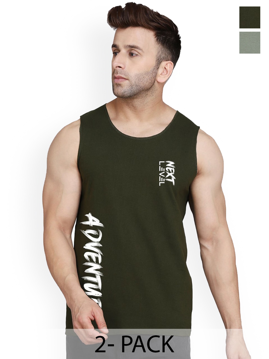 

SLOWLORIS Pack Of 2 Printed Bio-Wash Innerwear Vests SL26 (LGTGREEN KEEP) (OLIVE ADV)