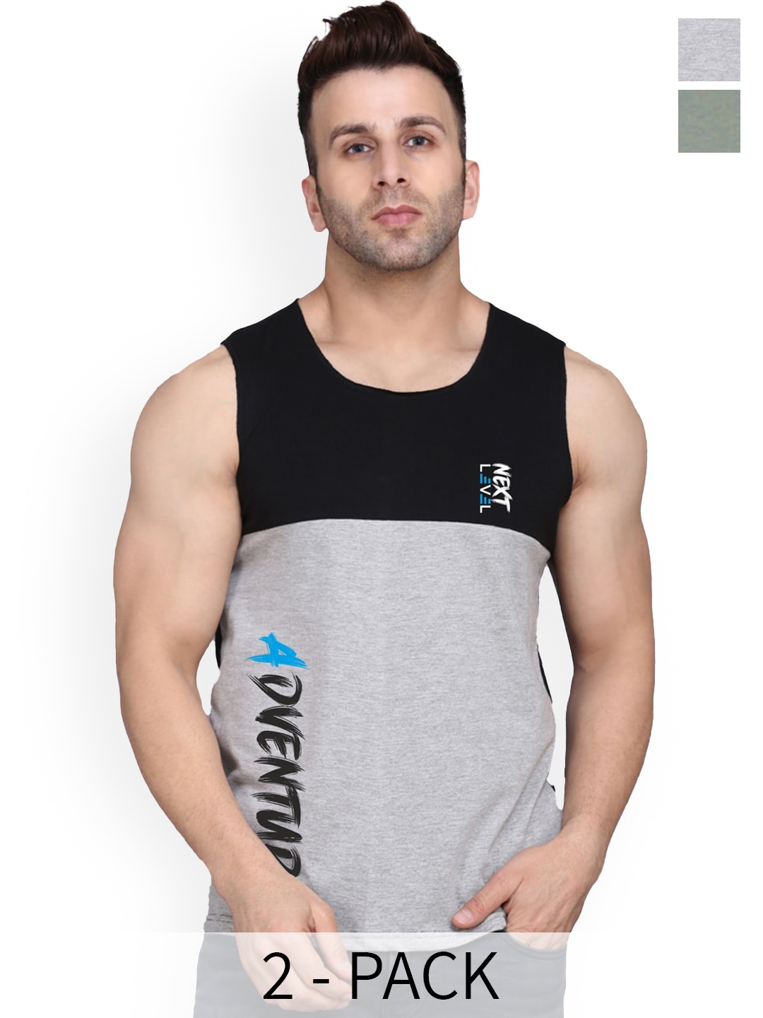 

SLOWLORIS Pack Of 2 Printed Gym Vests SL26 (LGTGREEN KEEP) (BLACKGREY ADV), Green