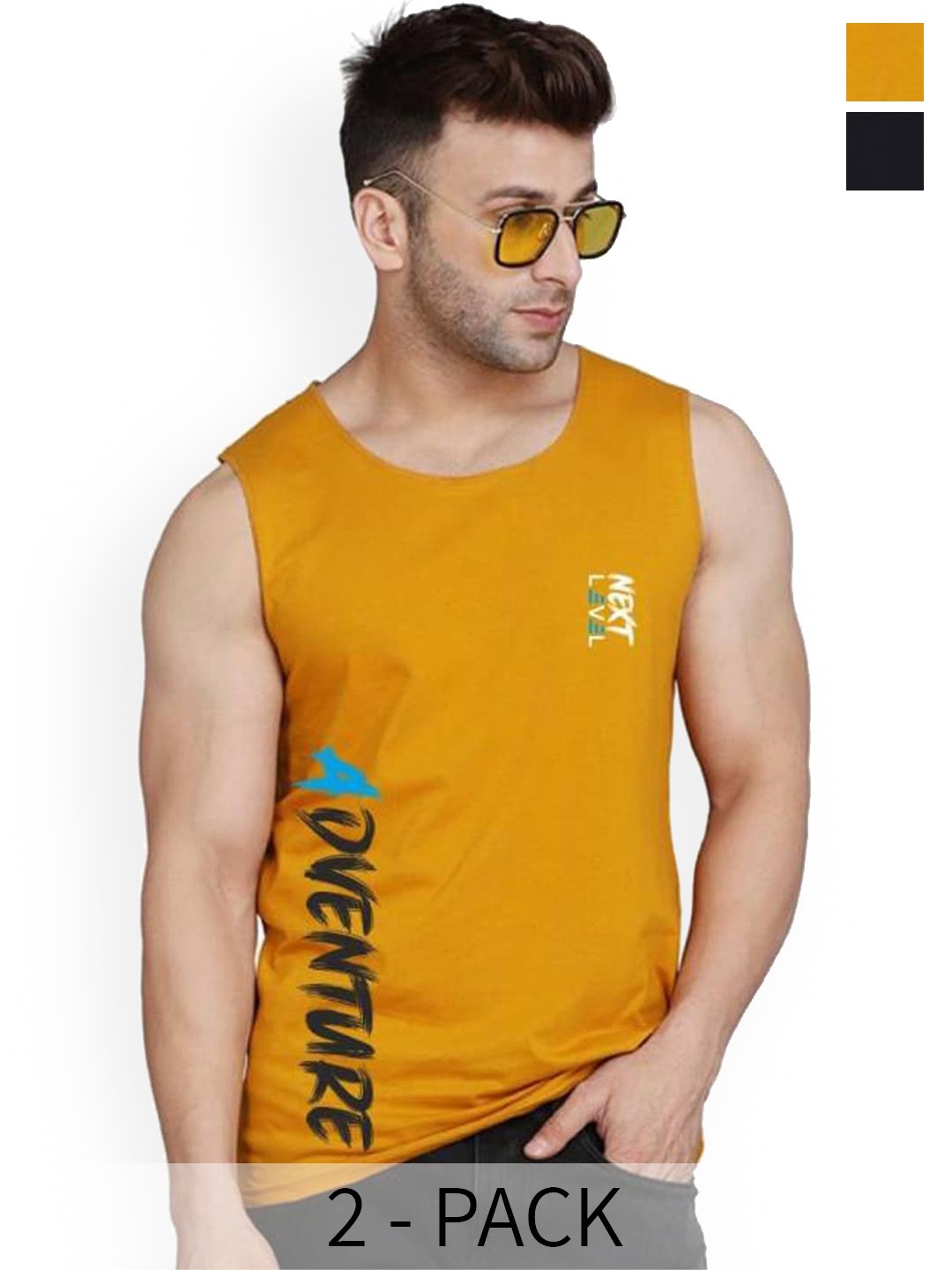 

SLOWLORIS Pack Of 2 Printed Gym Vests SL26 (BLACK KEEP) (MUSTARD ADV)