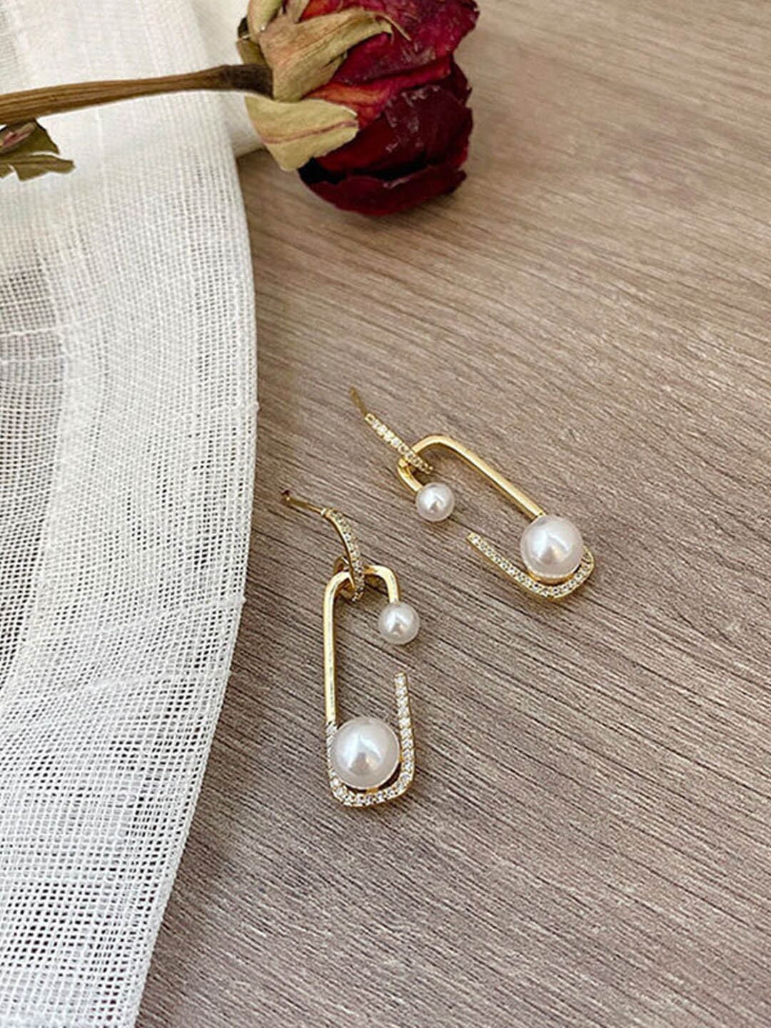 

VAGHBHATT Stainless Steel Gold Plated Stones Studded & Pearl Geometric Drop Earrings