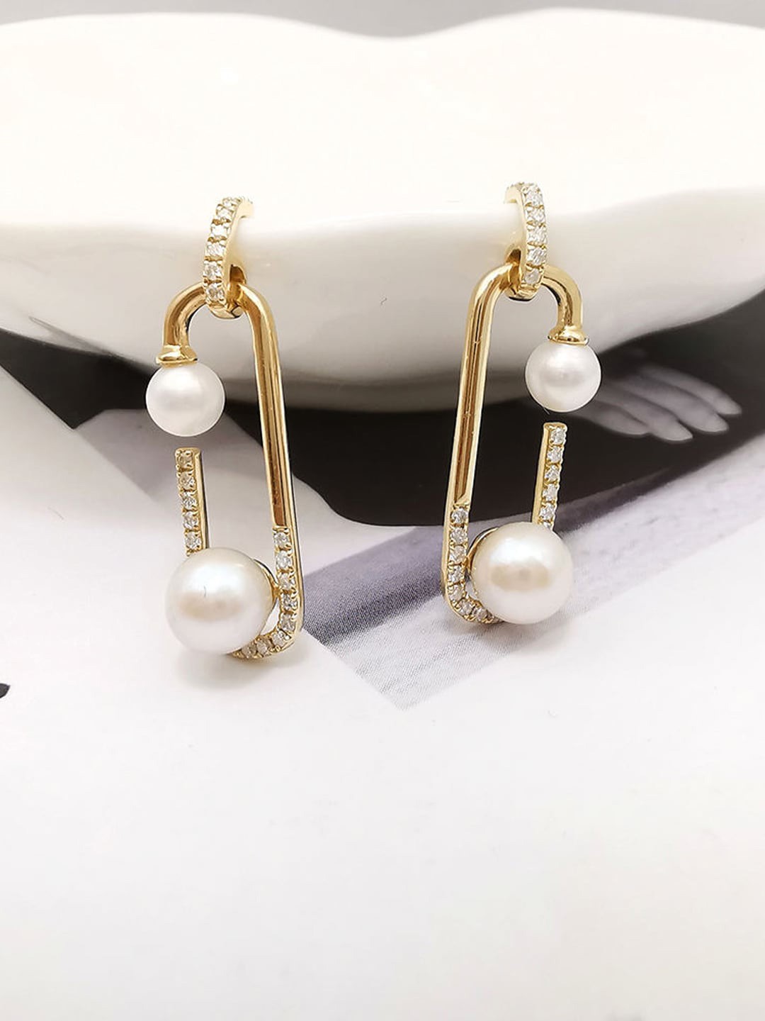 

VAGHBHATT Stainless Steel Gold Plated Stones Studded & Pearl Geometric Drop Earrings