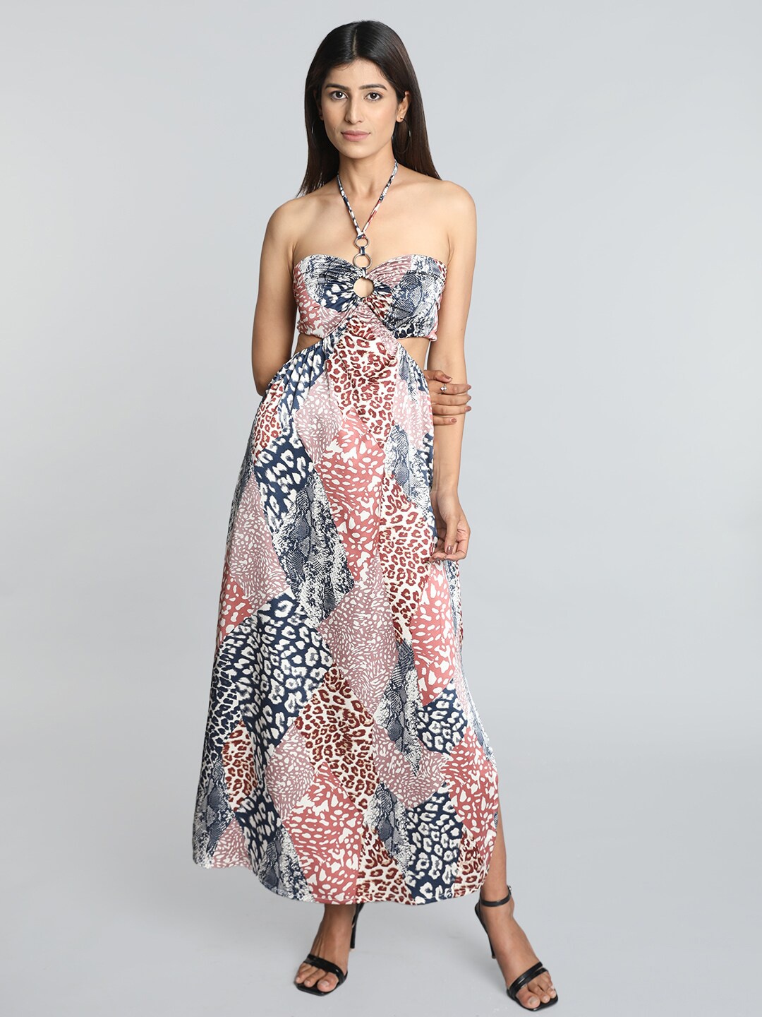 

Pomegal Abstract Print Halter Neck Cut-Out Satin Maxi Dress, Nude