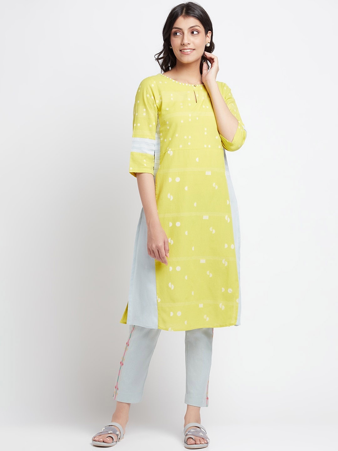 

W Polka Dots Woven Design Keyhole Neck Straight Kurta, Yellow