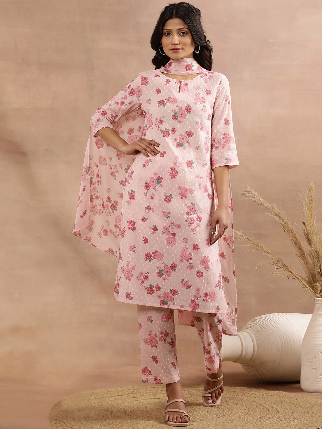 

W Women Floral Printed Regular Pure Cotton Kurta with Trousers & With Dupatta, Pink