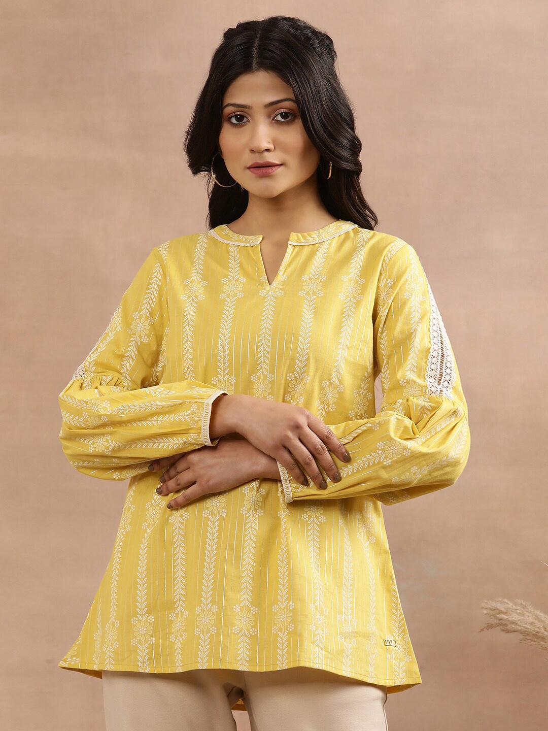 

W Floral Printed Notch Neck Cotton A-Line Top, Yellow
