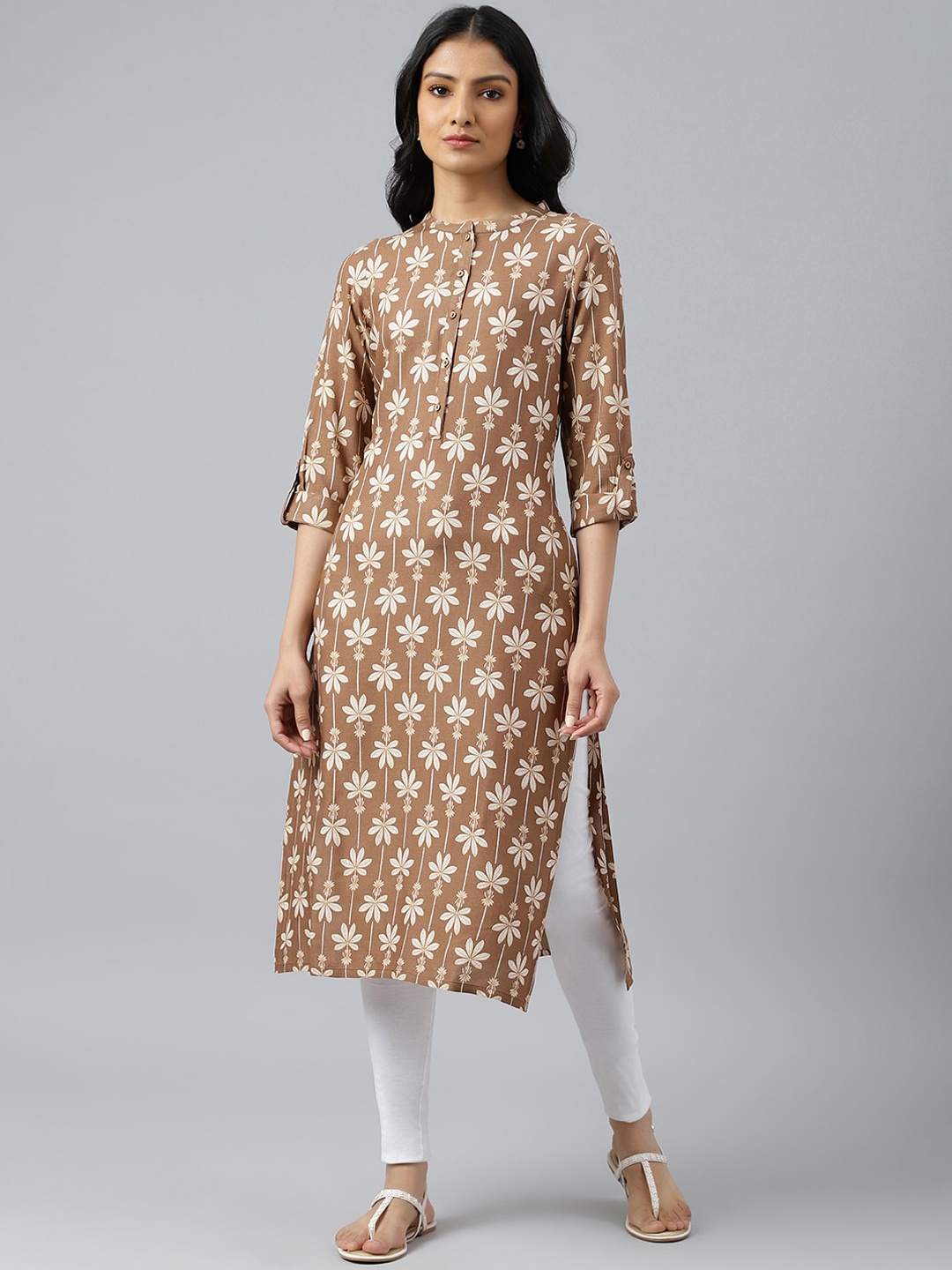 

W Floral Printed Mandarin Collar Roll-Up Sleeves Straight Kurta, Brown