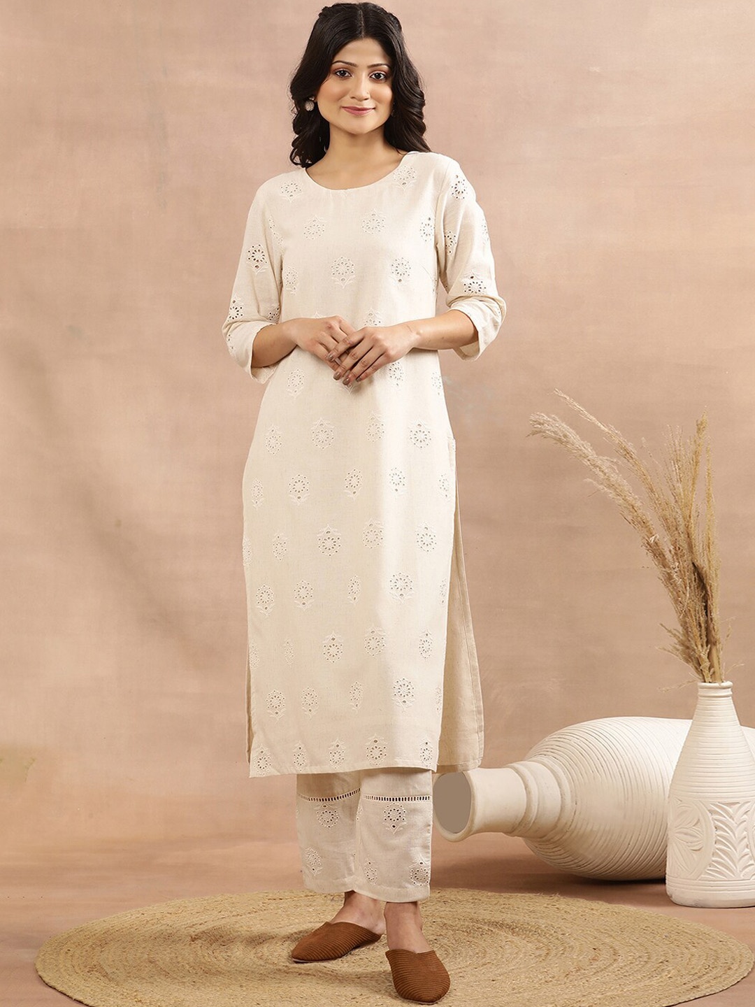 

W Women Floral Embroidered Regular Thread Work Kurta with Trousers, Beige