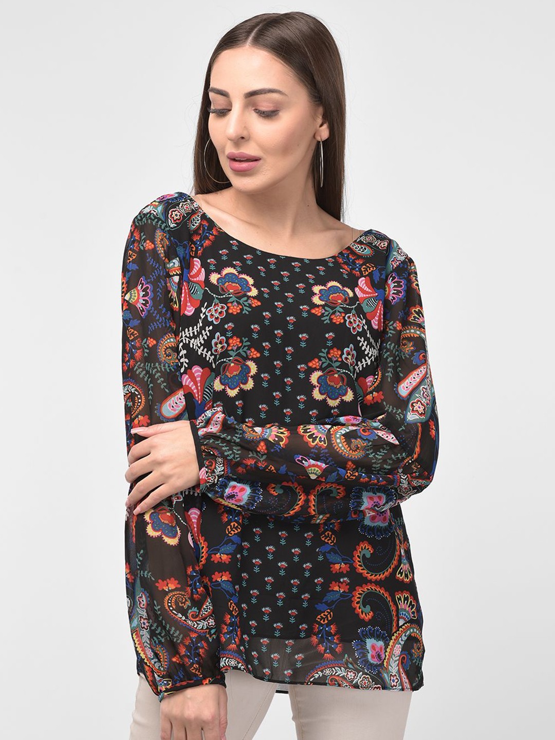 

250 DESIGNS Ethnic Motifs Print Georgette Round Neck Puff Sleeve Casual Top, Black