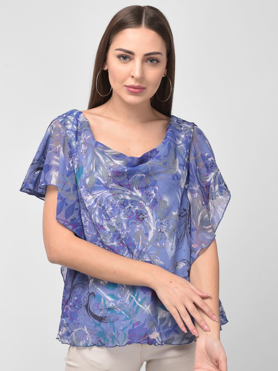 

250 DESIGNS Floral Print Georgette Round Neck Flared Sleeve Semi Sheer Casual Top, Blue